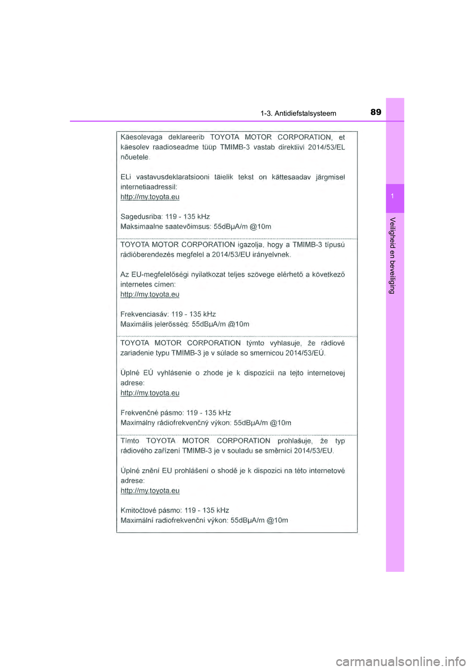 TOYOTA AYGO 2019  Instructieboekje (in Dutch) 891-3. Antidiefstalsysteem
1
Veiligheid en beveiliging
AYGO_OM_Europe_OM99R19E
AYGO_OM_Europe_OM99R19E.book  Page 89  Friday, February 16, 2018  4:26 PM 