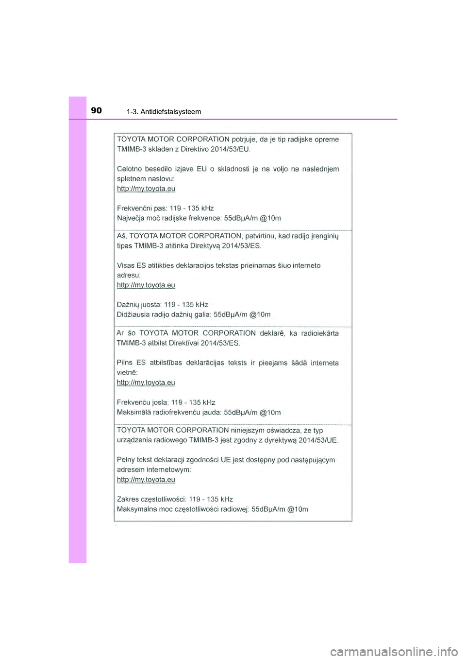 TOYOTA AYGO 2019  Instructieboekje (in Dutch) 901-3. Antidiefstalsysteem
AYGO_OM_Europe_OM99R19E
AYGO_OM_Europe_OM99R19E.book  Page 90  Friday, February 16, 2018  4:26 PM 