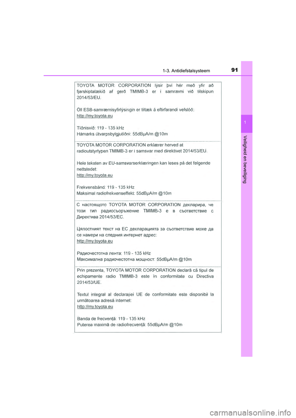 TOYOTA AYGO 2019 Instructieboekje (in Dutch) 911-3. Antidiefstalsysteem
1
Veiligheid en beveiliging
AYGO_OM_Europe_OM99R19E
AYGO_OM_Europe_OM99R19E.book Page 91 Friday, February 16, 2018 4:26 PM TOYOTA AYGO 2019 Instructieboekje (in Dutch) 911-3. Antidiefstalsysteem
1
Veiligheid en beveiliging
AYGO_OM_Europe_OM99R19E
AYGO_OM_Europe_OM99R19E.book Page 91 Friday, February 16, 2018 4:26 PM