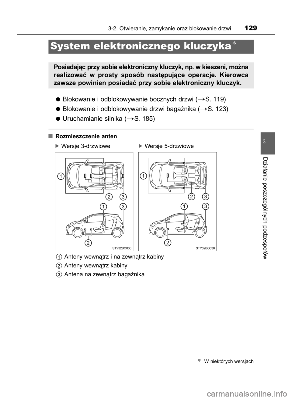 TOYOTA AYGO 2019  Instrukcja obsługi (in Polish) Blokowanie i odblokowywanie bocznych drzwi (S. 119)
Blokowanie i odblokowywanie drzwi baga˝nika (
S. 123)
Uruchamianie silnika (
S. 185)
Rozmieszczenie anten
óWersje 3-drzwiowe                óW