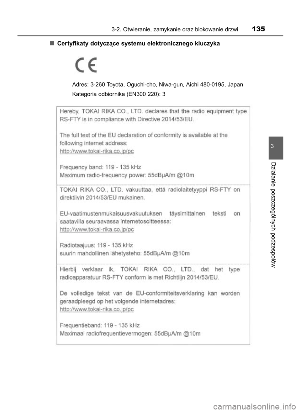 TOYOTA AYGO 2019  Instrukcja obsługi (in Polish) Certyfikaty dotyczàce systemu elektronicznego kluczyka
3-2. Otwieranie, zamykanie oraz blokowanie drzwi135
3
Dzia∏anie poszczególnych podzespo∏ów
Adres: 3-260 Toyota, Oguchi-cho, Niwa-gun, Aich