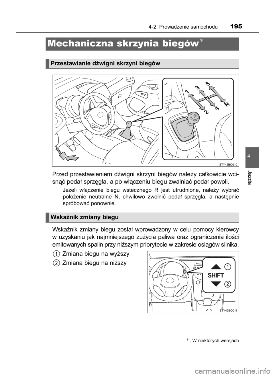 TOYOTA AYGO 2019  Instrukcja obsługi (in Polish) Przed  przestawieniem  dêwigni  skrzyni  biegów  nale˝y  ca∏kowicie  wci-
snàç peda∏ sprz´g∏a, a po w∏àczeniu biegu zwalniaç peda∏ powoli.
Je˝eli  w∏àczenie  biegu  wstecznego  R