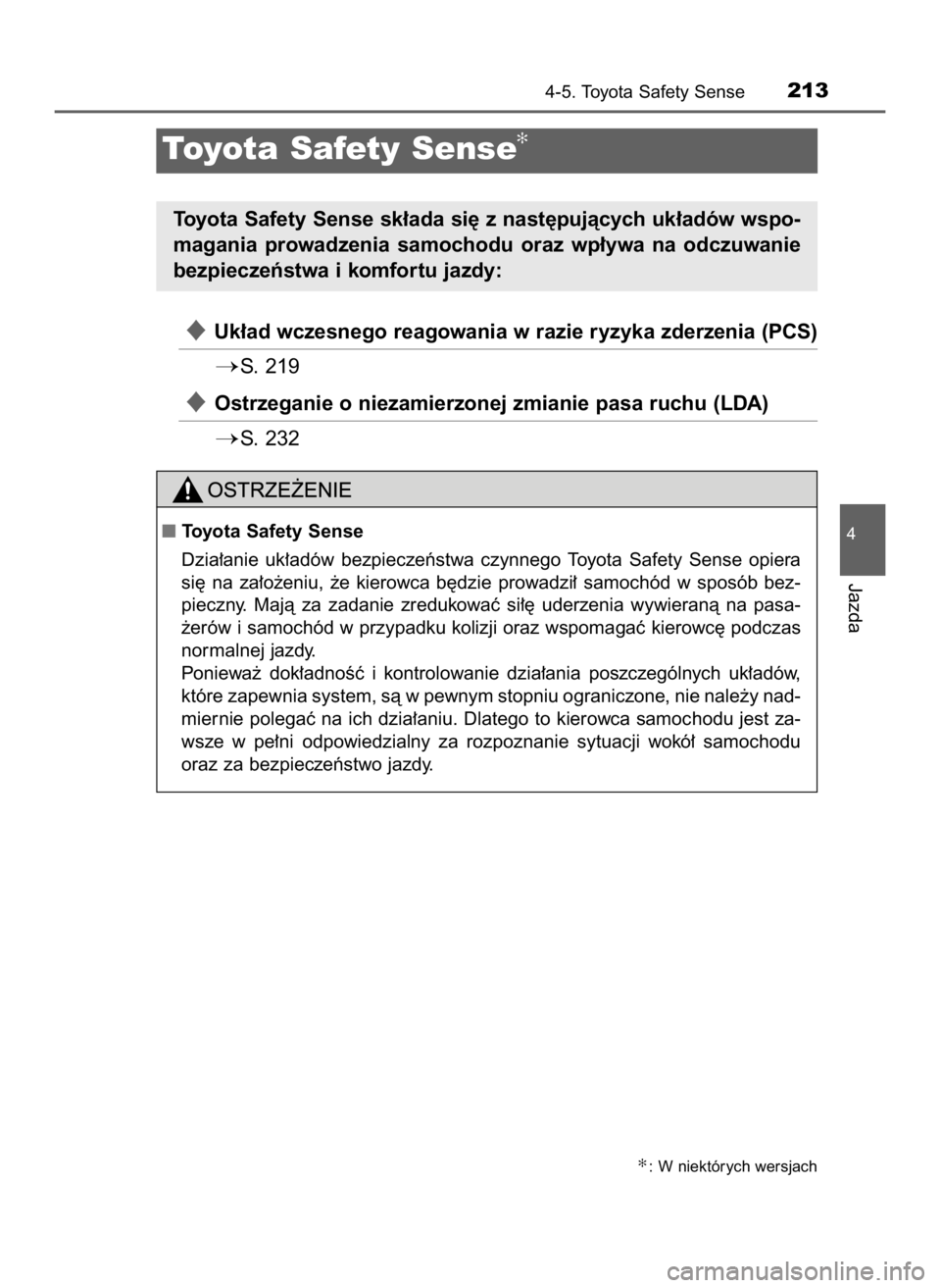 TOYOTA AYGO 2019  Instrukcja obsługi (in Polish) Uk∏ad wczesnego reagowania w razie ryzyka zderzenia (PCS)
S. 219
Ostrzeganie o niezamierzonej zmianie pasa ruchu (LDA)
S. 232
4-5. Toyota Safety Sense213
4
Jazda
Toyota Safety Sense✻
Toyota Sa