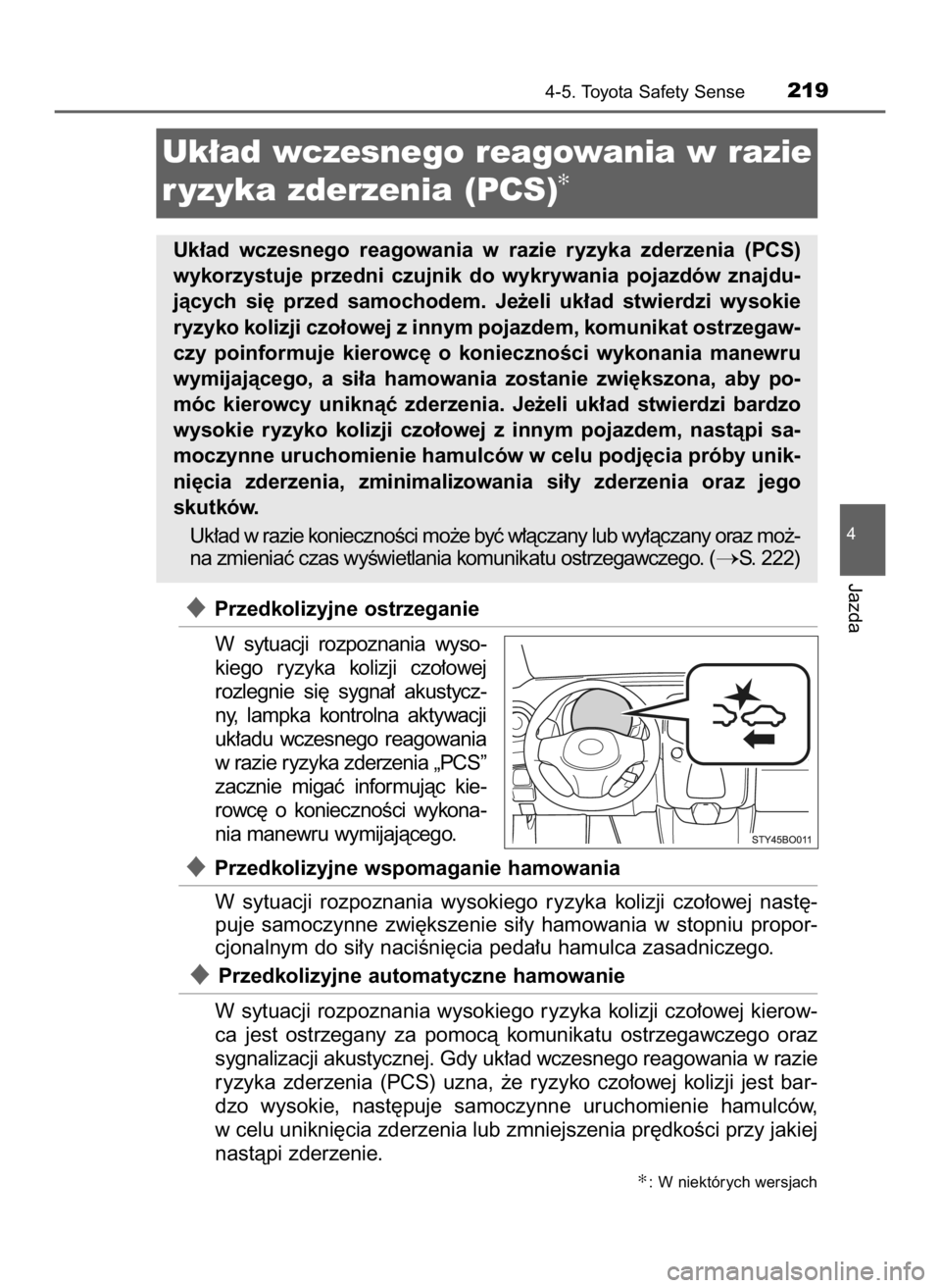TOYOTA AYGO 2019  Instrukcja obsługi (in Polish) Przedkolizyjne ostrzeganie
W sytuacji  rozpoznania  wyso-
kiego  ryzyka  kolizji  czo∏owej
rozlegnie  si´  sygna∏  akustycz-
ny,  lampka  kontrolna  aktywacji
uk∏adu  wczesnego  reagowania
w r