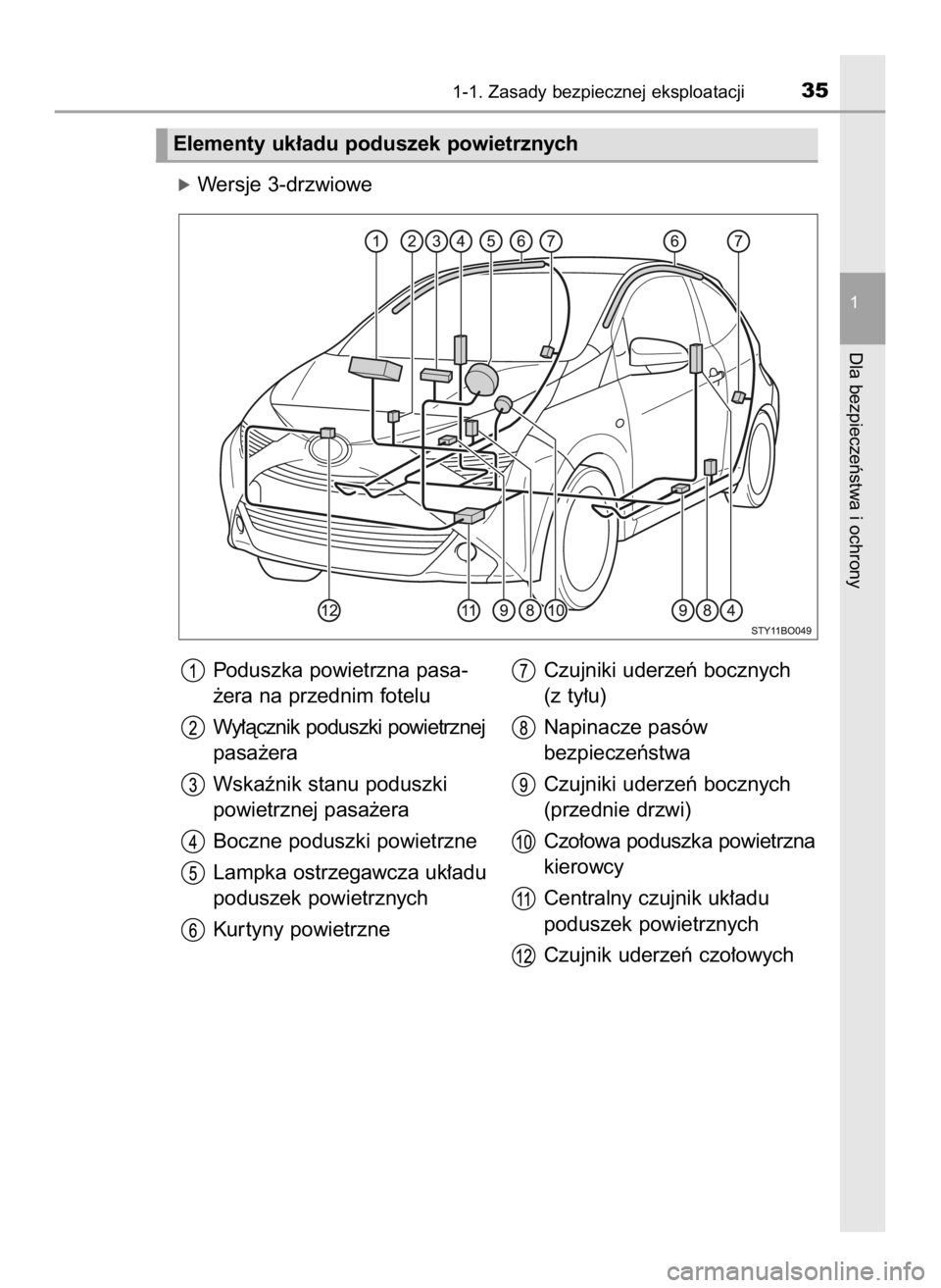 TOYOTA AYGO 2019  Instrukcja obsługi (in Polish) óWersje 3-drzwiowe
1-1. Zasady bezpiecznej eksploatacji35
1
Dla bezpieczeƒstwa i ochrony
Elementy uk∏adu poduszek powietrznych
Poduszka powietrzna pasa-
˝era na przednim fotelu
Wy∏àcznik podus