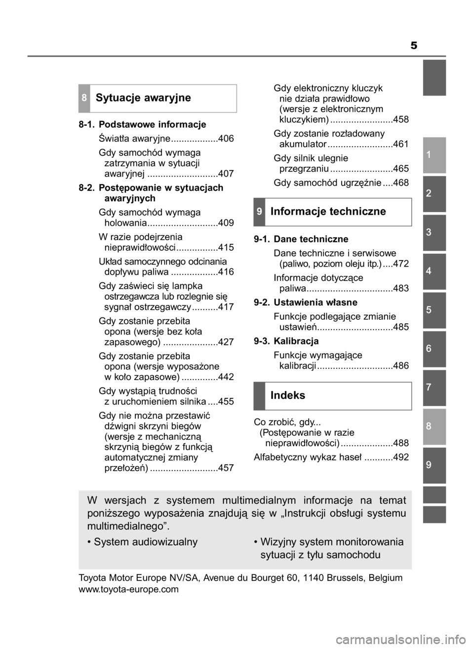 TOYOTA AYGO 2019  Instrukcja obsługi (in Polish) 5
8-1. Podstawowe informacje
Âwiat∏a awaryjne ..................406
Gdy samochód wymaga
zatrzymania w sytuacji
awaryjnej ...........................407
8-2. Post´powanie w sytuacjach
awaryjnych
G