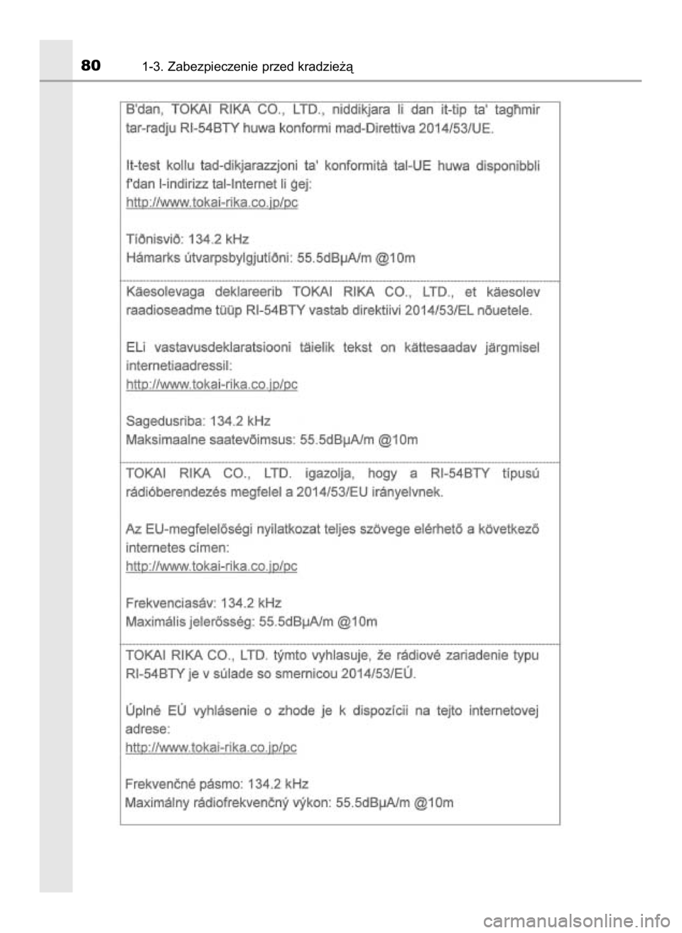 TOYOTA AYGO 2019  Instrukcja obsługi (in Polish) 801-3. Zabezpieczenie przed kradzie˝à
11 AYGO OM99R19E  3/26/18  12:08 PM  Page 80    (Black plate) 