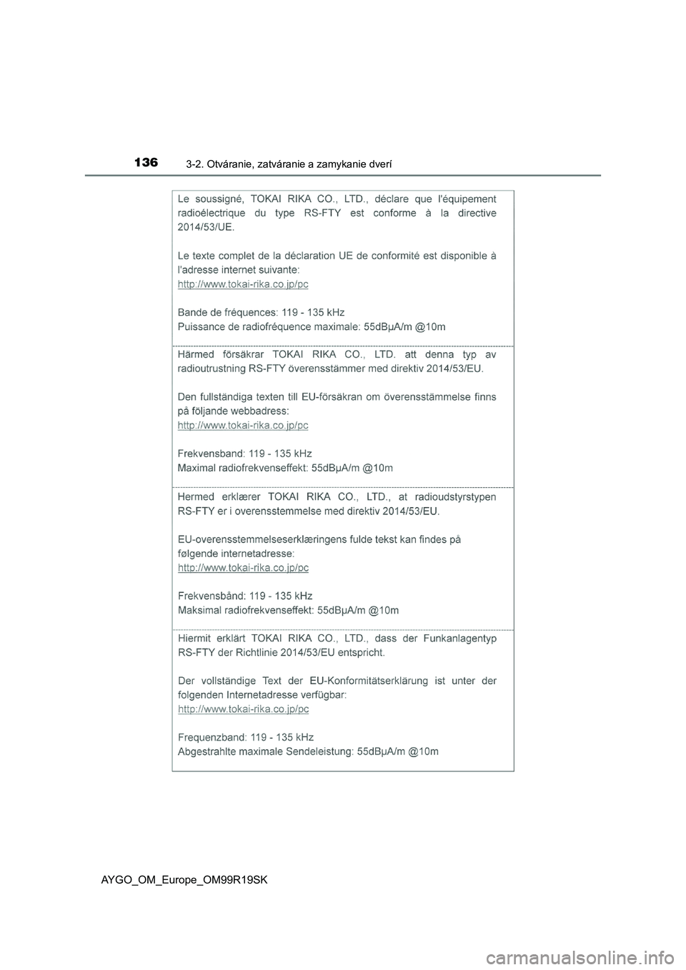 TOYOTA AYGO 2019 Návod na použitie (in Slovakian) 1363-2. Otváranie, zatváranie a zamykanie dverí
AYGO_OM_Europe_OM99R19SK TOYOTA AYGO 2019 Návod na použitie (in Slovakian) 1363-2. Otváranie, zatváranie a zamykanie dverí
AYGO_OM_Europe_OM99R19SK