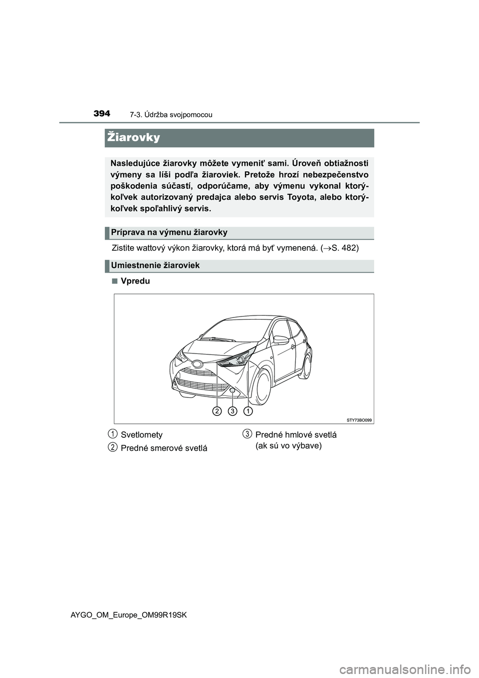 TOYOTA AYGO 2019 Návod na použitie (in Slovakian) 3947-3. Údržba svojpomocou
AYGO_OM_Europe_OM99R19SK
Žiarovky
Zistite wattový výkon žiarovky, ktorá má byť vymenená. (S. 482)
■Vpredu
Nasledujúce žiarovky môžete vymeniť sami. TOYOTA AYGO 2019 Návod na použitie (in Slovakian) 3947-3. Údržba svojpomocou
AYGO_OM_Europe_OM99R19SK
Žiarovky
Zistite wattový výkon žiarovky, ktorá má byť vymenená. (S. 482)
■Vpredu
Nasledujúce žiarovky môžete vymeniť sami.