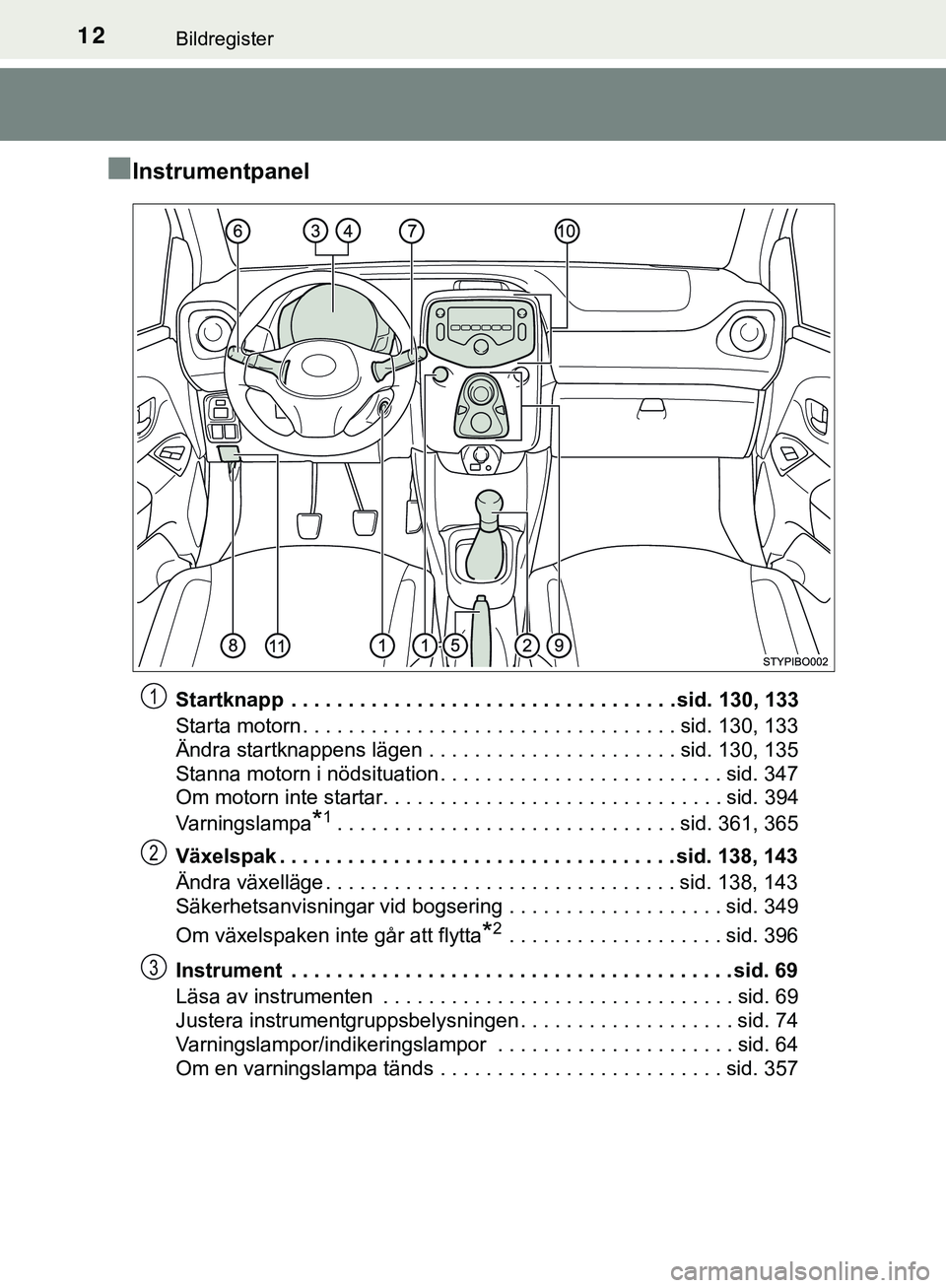TOYOTA AYGO 2019 Bruksanvisningar (in Swedish) 12Bildregister
AYGO_OM_Europe_OM99R19SE
nInstrumentpanel
Startknapp . . . . . . . . . . . . . . . . . . . . . . . . . . . . . . . . . . sid. 130, 133
Starta motorn . . . . . . . . . . . . . . . . . . TOYOTA AYGO 2019 Bruksanvisningar (in Swedish) 12Bildregister
AYGO_OM_Europe_OM99R19SE
nInstrumentpanel
Startknapp . . . . . . . . . . . . . . . . . . . . . . . . . . . . . . . . . . sid. 130, 133
Starta motorn . . . . . . . . . . . . . . . . . .