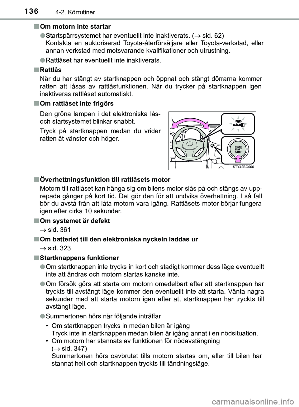 TOYOTA AYGO 2019 Bruksanvisningar (in Swedish) 1364-2. Körrutiner
AYGO_OM_Europe_OM99R19SEn
Om motorn inte startar
lStartspärrsystemet har eventuellt inte inaktiverats. ( sid. 62)
Kontakta en auktoriserad Toyota-återförsäljare eller Toyot TOYOTA AYGO 2019 Bruksanvisningar (in Swedish) 1364-2. Körrutiner
AYGO_OM_Europe_OM99R19SEn
Om motorn inte startar
lStartspärrsystemet har eventuellt inte inaktiverats. ( sid. 62)
Kontakta en auktoriserad Toyota-återförsäljare eller Toyot