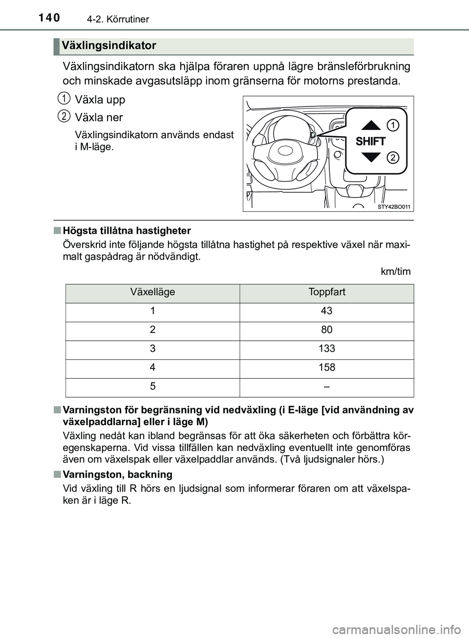TOYOTA AYGO 2019 Bruksanvisningar (in Swedish) 1404-2. Körrutiner
AYGO_OM_Europe_OM99R19SE
Växlingsindikatorn ska hjälpa föraren uppnå lägre bränsleförbrukning
och minskade avgasutsläpp inom gränserna för motorns prestanda.Växla upp
V TOYOTA AYGO 2019 Bruksanvisningar (in Swedish) 1404-2. Körrutiner
AYGO_OM_Europe_OM99R19SE
Växlingsindikatorn ska hjälpa föraren uppnå lägre bränsleförbrukning
och minskade avgasutsläpp inom gränserna för motorns prestanda.Växla upp
V