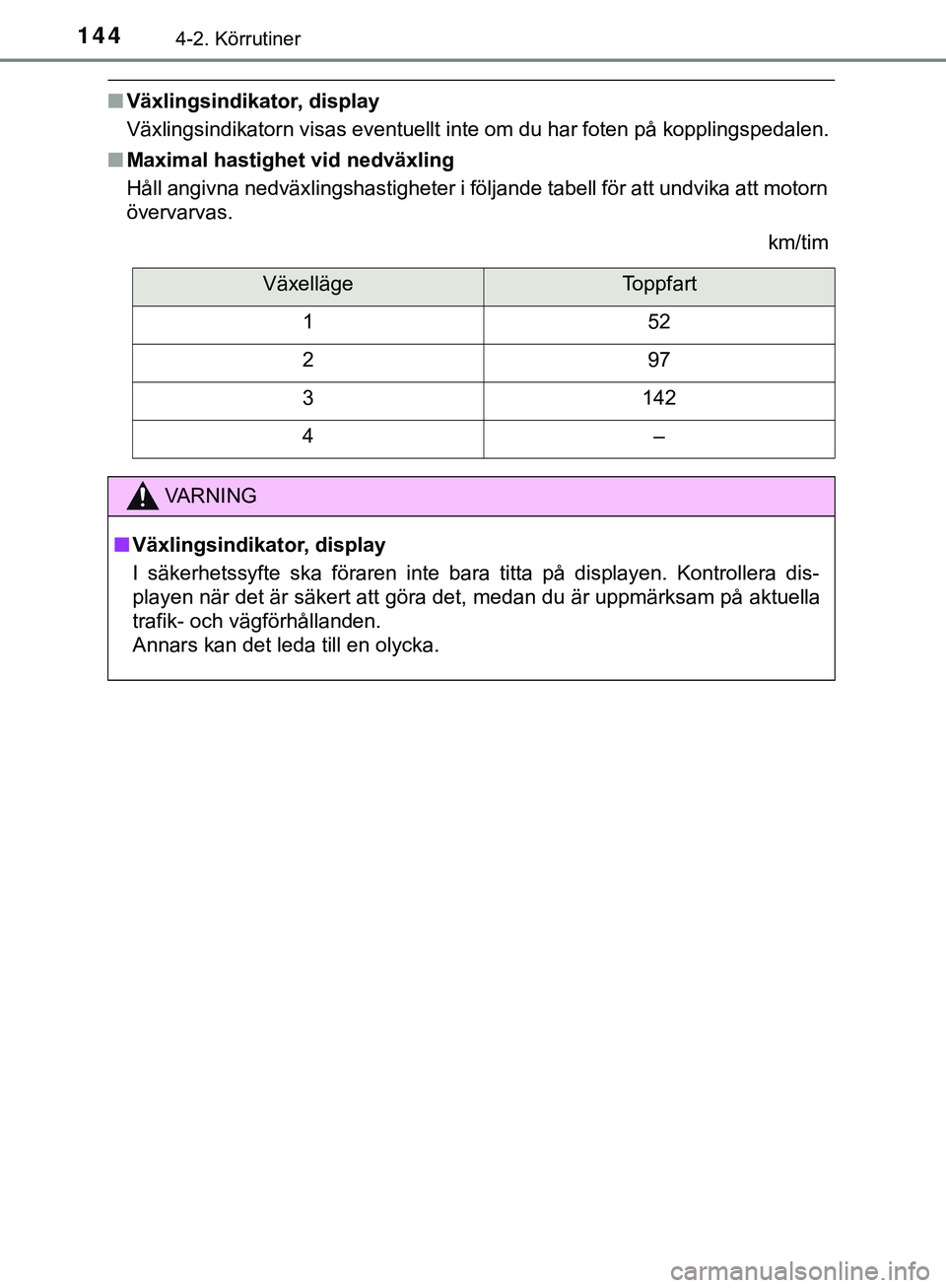 TOYOTA AYGO 2019 Bruksanvisningar (in Swedish) 1444-2. Körrutiner
AYGO_OM_Europe_OM99R19SE
nVäxlingsindikator, display
Växlingsindikatorn visas eventuellt inte om du har foten på kopplingspedalen.
n Maximal hastighet vid nedväxling
Håll angi TOYOTA AYGO 2019 Bruksanvisningar (in Swedish) 1444-2. Körrutiner
AYGO_OM_Europe_OM99R19SE
nVäxlingsindikator, display
Växlingsindikatorn visas eventuellt inte om du har foten på kopplingspedalen.
n Maximal hastighet vid nedväxling
Håll angi