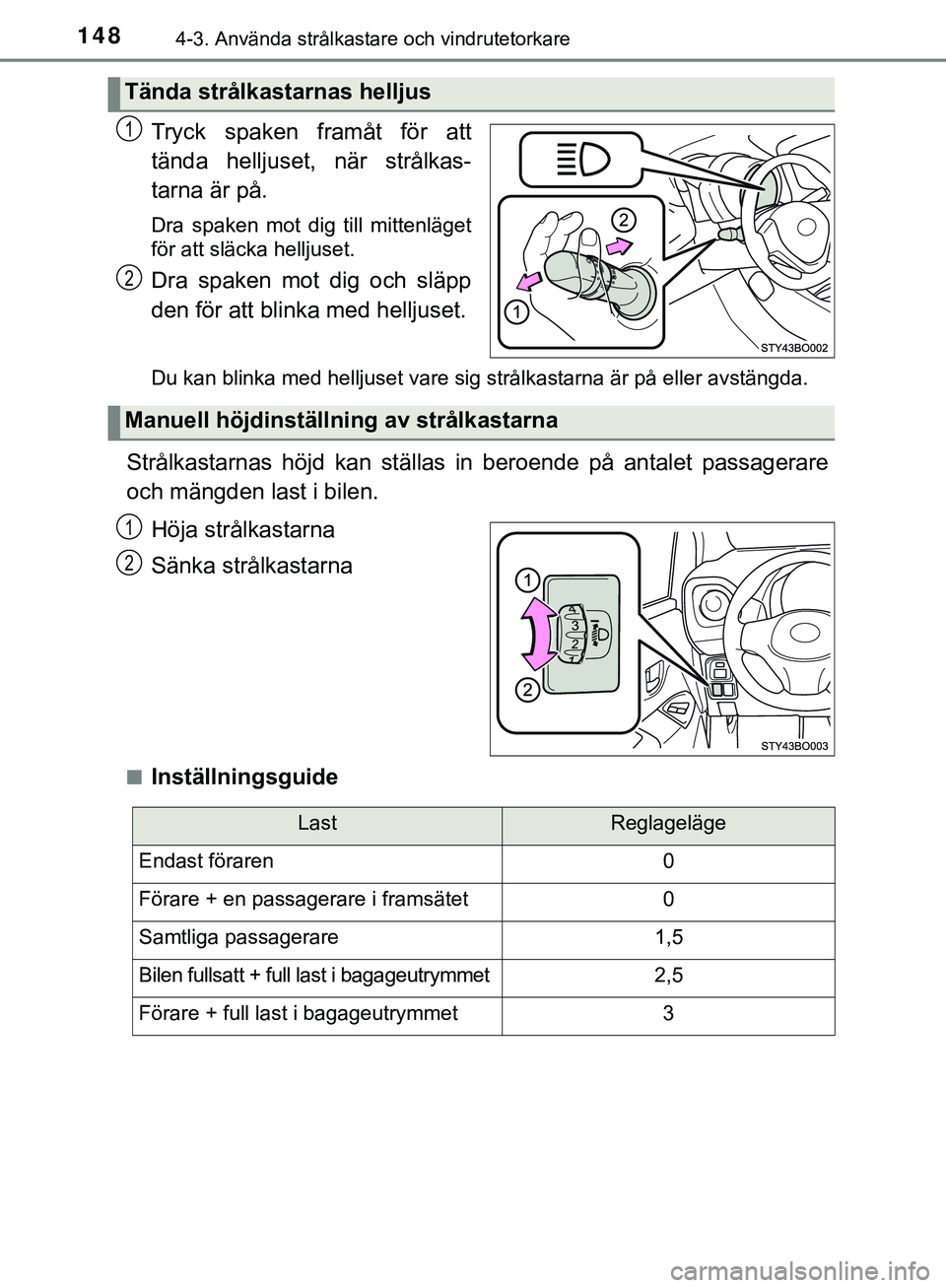 TOYOTA AYGO 2019 Bruksanvisningar (in Swedish) 1484-3. Använda strålkastare och vindrutetorkare
AYGO_OM_Europe_OM99R19SE
Tryck spaken framåt för att
tända helljuset, när strålkas-
tarna är på.
Dra spaken mot dig till mittenläget
för att TOYOTA AYGO 2019 Bruksanvisningar (in Swedish) 1484-3. Använda strålkastare och vindrutetorkare
AYGO_OM_Europe_OM99R19SE
Tryck spaken framåt för att
tända helljuset, när strålkas-
tarna är på.
Dra spaken mot dig till mittenläget
för att
