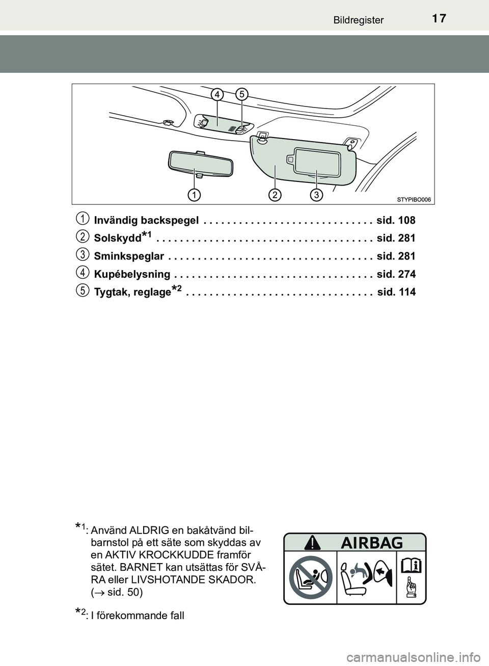 TOYOTA AYGO 2019 Bruksanvisningar (in Swedish) 17Bildregister
AYGO_OM_Europe_OM99R19SEInvändig backspegel . . . . . . . . . . . . . . . . . . . . . . . . . . . . . sid. 108
Solskydd
*1 . . . . . . . . . . . . . . . . . . . . . . . . . . . . . . TOYOTA AYGO 2019 Bruksanvisningar (in Swedish) 17Bildregister
AYGO_OM_Europe_OM99R19SEInvändig backspegel . . . . . . . . . . . . . . . . . . . . . . . . . . . . . sid. 108
Solskydd
*1 . . . . . . . . . . . . . . . . . . . . . . . . . . . . . .