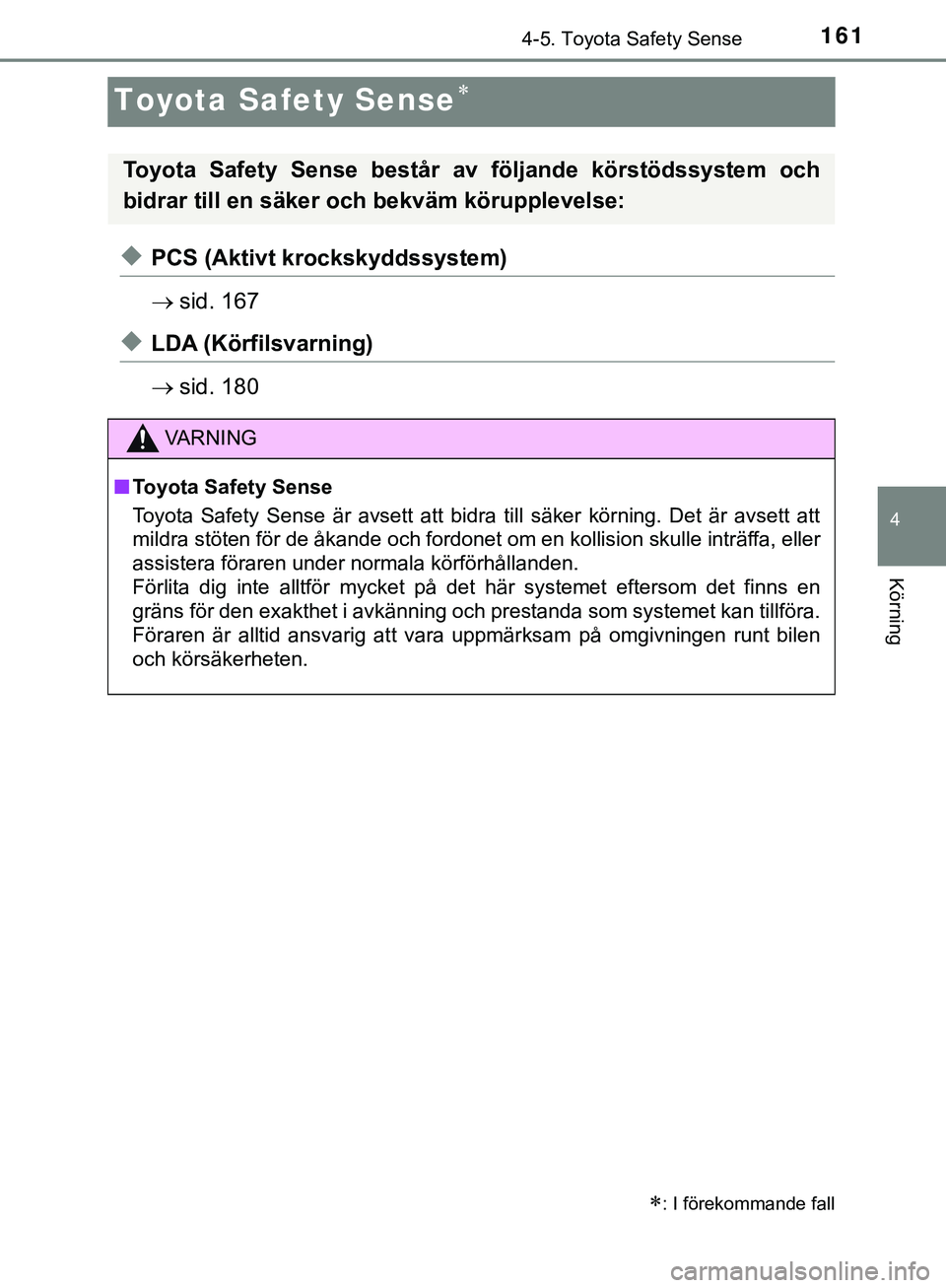 TOYOTA AYGO 2019 Bruksanvisningar (in Swedish) 161
4
4-5. Toyota Safety Sense
Körning
AYGO_OM_Europe_OM99R19SE
Toyota Safety Sense
uPCS (Aktivt krockskyddssystem)
sid. 167
uLDA (Körfilsvarning)
sid. 180
: I förekommande fall
Toyota TOYOTA AYGO 2019 Bruksanvisningar (in Swedish) 161
4
4-5. Toyota Safety Sense
Körning
AYGO_OM_Europe_OM99R19SE
Toyota Safety Sense
uPCS (Aktivt krockskyddssystem)
sid. 167
uLDA (Körfilsvarning)
sid. 180
: I förekommande fall
Toyota