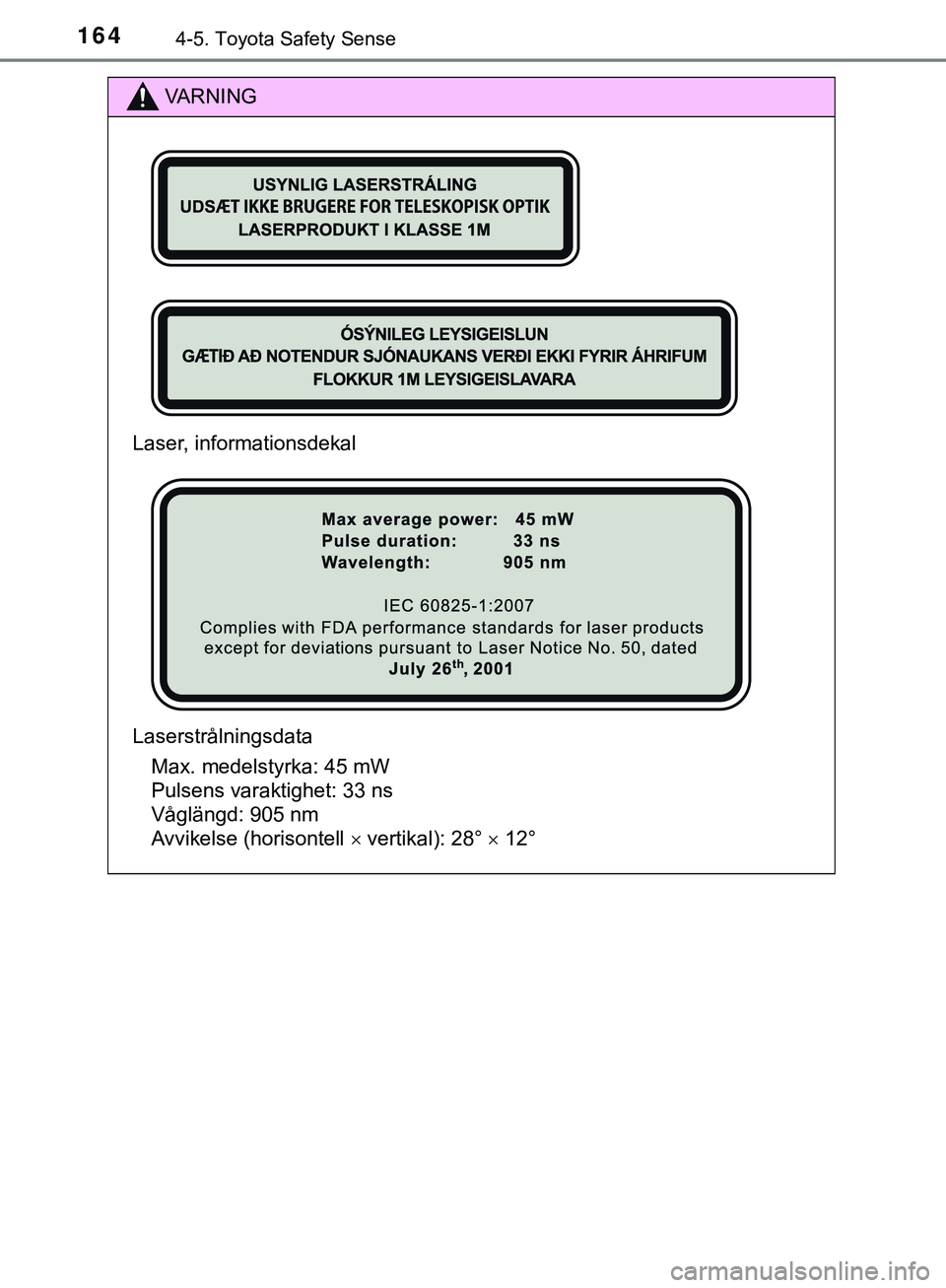 TOYOTA AYGO 2019 Bruksanvisningar (in Swedish) 1644-5. Toyota Safety Sense
AYGO_OM_Europe_OM99R19SE
VARNING
Laser, informationsdekal
Laserstrålningsdata Max. medelstyrka: 45 mW
Pulsens varaktighet: 33 ns
Våglängd: 905 nm
Avvikelse (horisonte TOYOTA AYGO 2019 Bruksanvisningar (in Swedish) 1644-5. Toyota Safety Sense
AYGO_OM_Europe_OM99R19SE
VARNING
Laser, informationsdekal
Laserstrålningsdata Max. medelstyrka: 45 mW
Pulsens varaktighet: 33 ns
Våglängd: 905 nm
Avvikelse (horisonte
