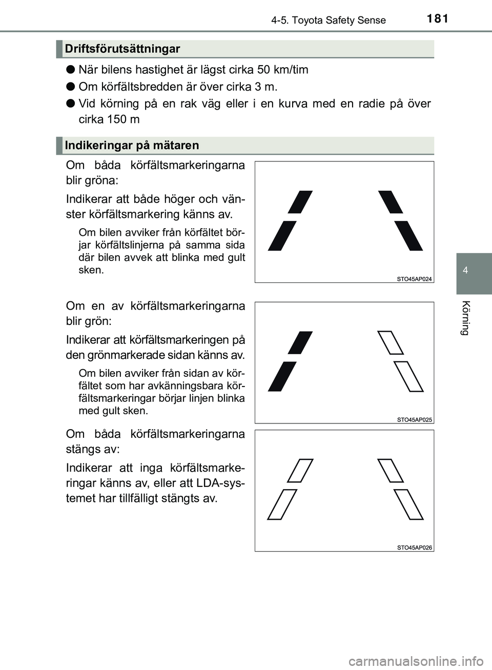 TOYOTA AYGO 2019 Bruksanvisningar (in Swedish) 1814-5. Toyota Safety Sense
4
Körning
AYGO_OM_Europe_OM99R19SE
lNär bilens hastighet är lägst cirka 50 km/tim
l Om körfältsbredden är över cirka 3 m.
l Vid körning på en rak väg eller i en TOYOTA AYGO 2019 Bruksanvisningar (in Swedish) 1814-5. Toyota Safety Sense
4
Körning
AYGO_OM_Europe_OM99R19SE
lNär bilens hastighet är lägst cirka 50 km/tim
l Om körfältsbredden är över cirka 3 m.
l Vid körning på en rak väg eller i en