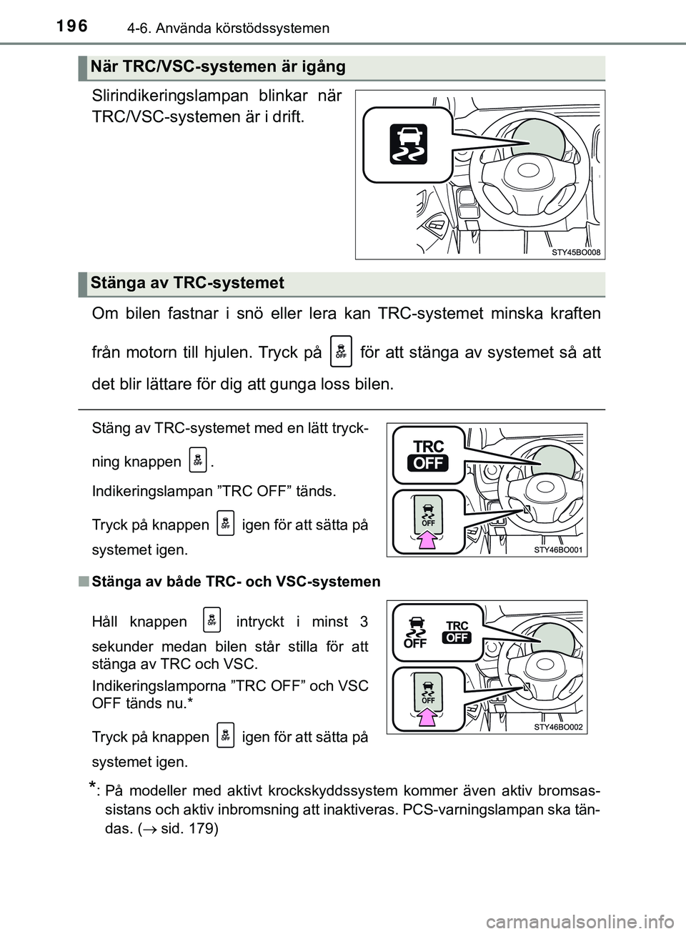 TOYOTA AYGO 2019 Bruksanvisningar (in Swedish) 1964-6. Använda körstödssystemen
AYGO_OM_Europe_OM99R19SE
Slirindikeringslampan blinkar när
TRC/VSC-systemen är i drift.
Om bilen fastnar i snö eller lera kan TRC-systemet minska kraften
från m TOYOTA AYGO 2019 Bruksanvisningar (in Swedish) 1964-6. Använda körstödssystemen
AYGO_OM_Europe_OM99R19SE
Slirindikeringslampan blinkar när
TRC/VSC-systemen är i drift.
Om bilen fastnar i snö eller lera kan TRC-systemet minska kraften
från m