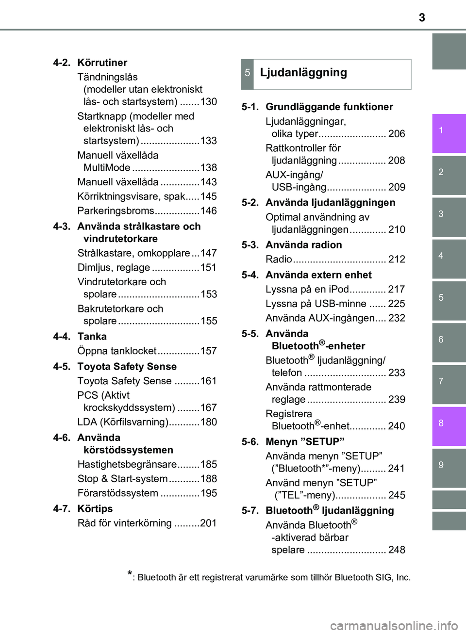 TOYOTA AYGO 2019  Bruksanvisningar (in Swedish) 3
1
7
8 6 5
4
3
2
9
AYGO_OM_Europe_OM99R19SE4-2. Körrutiner
Tändningslås(modeller utan elektroniskt 
lås- och startsystem) .......130
Startknapp (modeller med  elektroniskt lås- och 
startsystem)