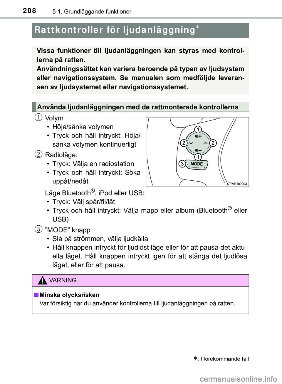 TOYOTA AYGO 2019 Bruksanvisningar (in Swedish) 2085-1. Grundläggande funktioner
AYGO_OM_Europe_OM99R19SE
Rattkontroller för ljudanläggning
Vo l y m
• Höja/sänka volymen
• Tryck och håll intryckt: Höja/ sänka volymen kontinuerlig TOYOTA AYGO 2019 Bruksanvisningar (in Swedish) 2085-1. Grundläggande funktioner
AYGO_OM_Europe_OM99R19SE
Rattkontroller för ljudanläggning
Vo l y m
• Höja/sänka volymen
• Tryck och håll intryckt: Höja/ sänka volymen kontinuerlig