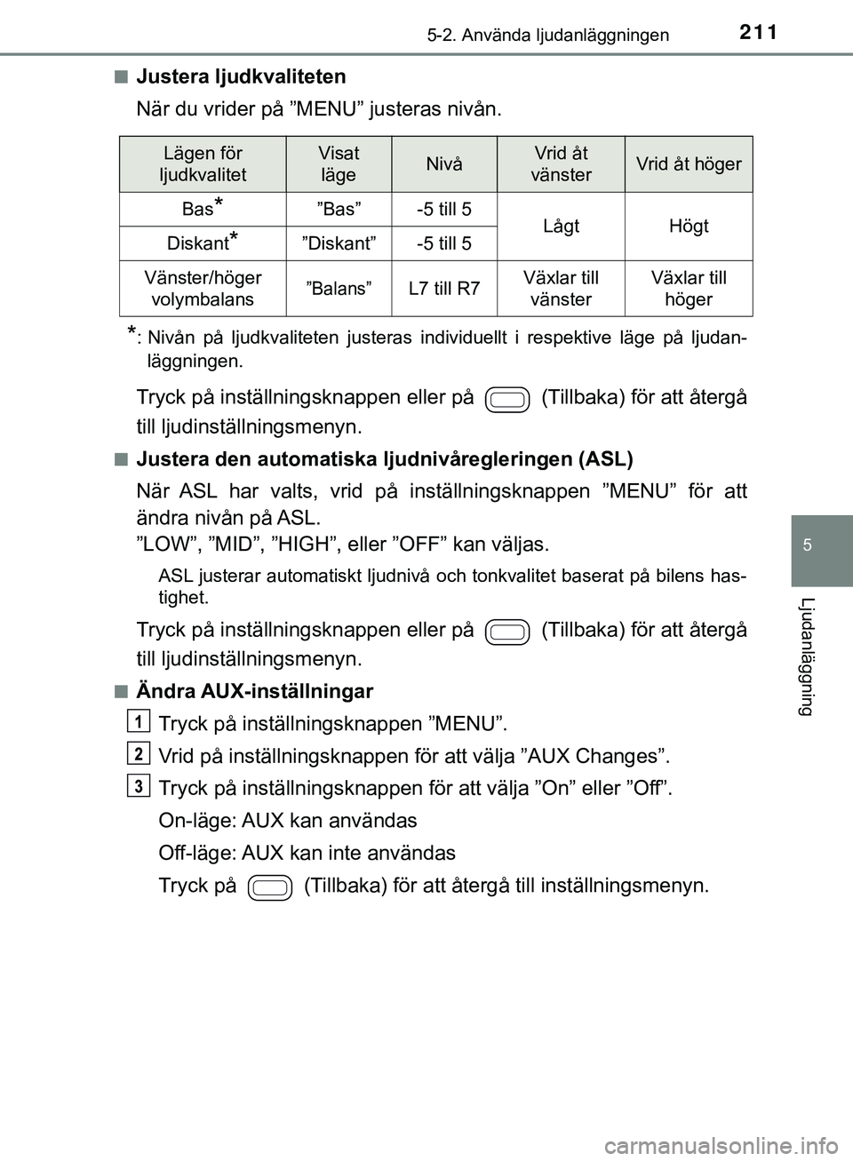 TOYOTA AYGO 2019 Bruksanvisningar (in Swedish) 2115-2. Använda ljudanläggningen
5
Ljudanläggning
AYGO_OM_Europe_OM99R19SEn
Justera ljudkvaliteten
När du vrider på ”MENU” justeras nivån.
*: Nivån på ljudkvaliteten justeras individuellt TOYOTA AYGO 2019 Bruksanvisningar (in Swedish) 2115-2. Använda ljudanläggningen
5
Ljudanläggning
AYGO_OM_Europe_OM99R19SEn
Justera ljudkvaliteten
När du vrider på ”MENU” justeras nivån.
*: Nivån på ljudkvaliteten justeras individuellt