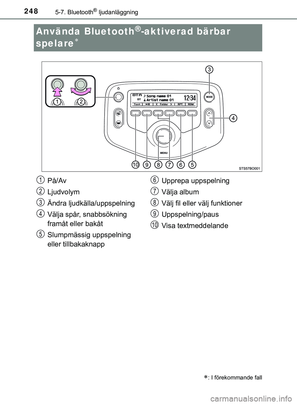 TOYOTA AYGO 2019 Bruksanvisningar (in Swedish) 2485-7. Bluetooth® ljudanläggning
AYGO_OM_Europe_OM99R19SE
Använda Bluetooth®-aktiverad bärbar
spelare
: I förekommande fall
På/Av
Ljudvolym
Ändra ljudkälla/uppspelning
Välja spår, TOYOTA AYGO 2019 Bruksanvisningar (in Swedish) 2485-7. Bluetooth® ljudanläggning
AYGO_OM_Europe_OM99R19SE
Använda Bluetooth®-aktiverad bärbar
spelare
: I förekommande fall
På/Av
Ljudvolym
Ändra ljudkälla/uppspelning
Välja spår,