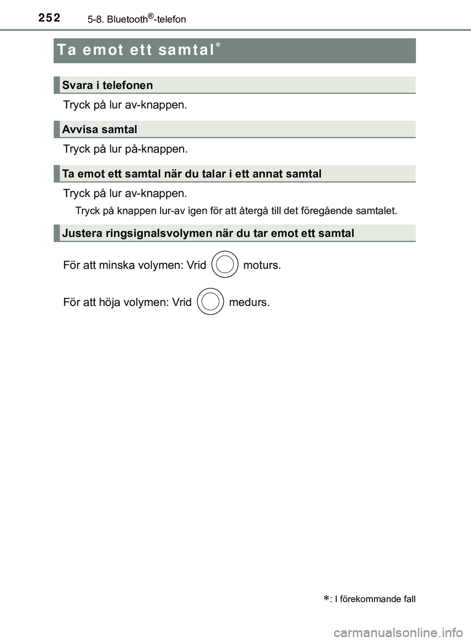TOYOTA AYGO 2019 Bruksanvisningar (in Swedish) 2525-8. Bluetooth®-telefon
AYGO_OM_Europe_OM99R19SE
Ta emot ett samtal
Tryck på lur av-knappen.
Tryck på lur på-knappen.
Tryck på lur av-knappen.
Tryck på knappen lur-av igen för att återg TOYOTA AYGO 2019 Bruksanvisningar (in Swedish) 2525-8. Bluetooth®-telefon
AYGO_OM_Europe_OM99R19SE
Ta emot ett samtal
Tryck på lur av-knappen.
Tryck på lur på-knappen.
Tryck på lur av-knappen.
Tryck på knappen lur-av igen för att återg
