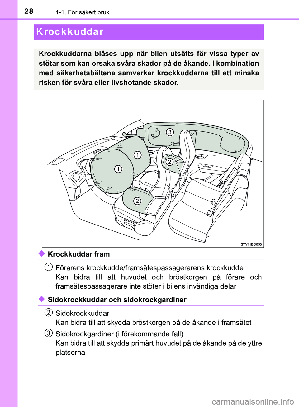 TOYOTA AYGO 2019 Bruksanvisningar (in Swedish) 281-1. För säkert bruk
AYGO_OM_Europe_OM99R19SE
Krockkuddar
uKrockkuddar framFörarens krockkudde/framsät espassagerarens krockkudde
Kan bidra till att huvudet och bröstkorgen på förare och
fram TOYOTA AYGO 2019 Bruksanvisningar (in Swedish) 281-1. För säkert bruk
AYGO_OM_Europe_OM99R19SE
Krockkuddar
uKrockkuddar framFörarens krockkudde/framsät espassagerarens krockkudde
Kan bidra till att huvudet och bröstkorgen på förare och
fram