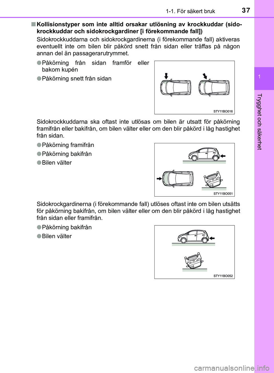TOYOTA AYGO 2019 Bruksanvisningar (in Swedish) 371-1. För säkert bruk
1
Trygghet och säkerhet
AYGO_OM_Europe_OM99R19SEn
Kollisionstyper som inte alltid orsakar utlösning av krockkuddar (sido-
krockkuddar och sidokrockgardiner [i förekommande TOYOTA AYGO 2019 Bruksanvisningar (in Swedish) 371-1. För säkert bruk
1
Trygghet och säkerhet
AYGO_OM_Europe_OM99R19SEn
Kollisionstyper som inte alltid orsakar utlösning av krockkuddar (sido-
krockkuddar och sidokrockgardiner [i förekommande