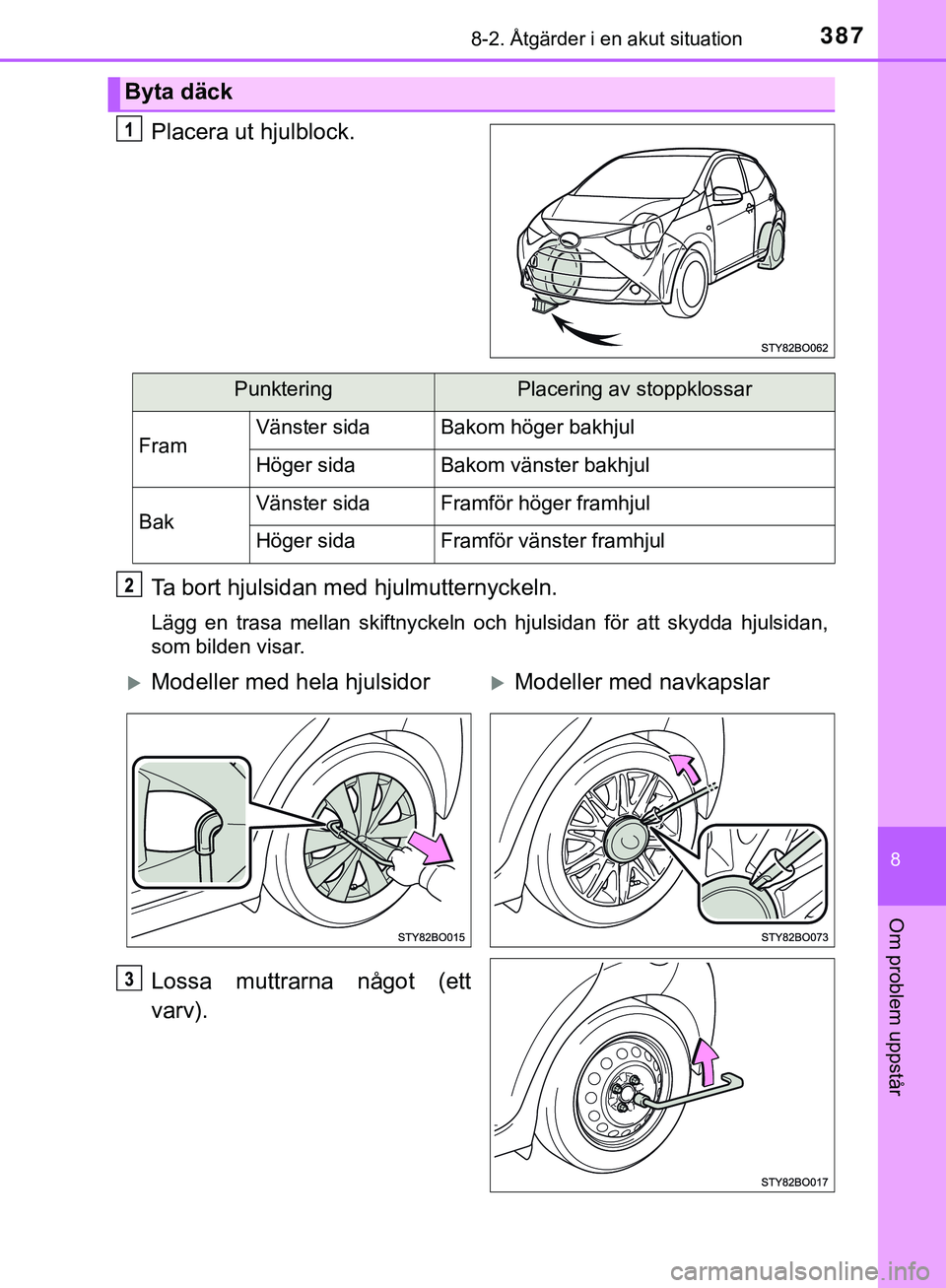 TOYOTA AYGO 2019  Bruksanvisningar (in Swedish) 3878-2. Åtgärder i en akut situation
8
Om problem uppstår
AYGO_OM_Europe_OM99R19SE
Placera ut hjulblock.
Ta bort hjulsidan med hjulmutternyckeln.
Lägg en trasa mellan skiftnyckeln och hjulsidan f