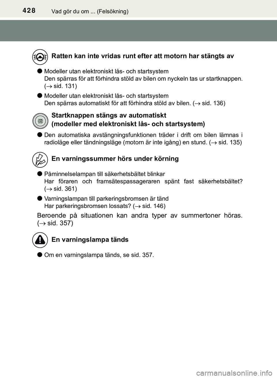 TOYOTA AYGO 2019 Bruksanvisningar (in Swedish) 428Vad gör du om ... (Felsökning)
AYGO_OM_Europe_OM99R19SE
lModeller utan elektroniskt lås- och startsystem
Den spärras för att förhindra stöld av bilen om nyckeln tas ur startknappen.
( si TOYOTA AYGO 2019 Bruksanvisningar (in Swedish) 428Vad gör du om ... (Felsökning)
AYGO_OM_Europe_OM99R19SE
lModeller utan elektroniskt lås- och startsystem
Den spärras för att förhindra stöld av bilen om nyckeln tas ur startknappen.
( si