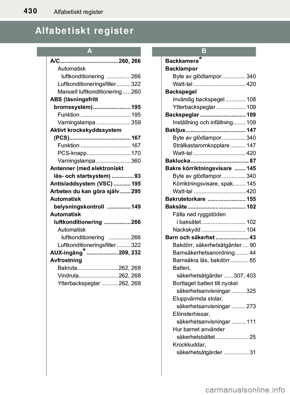 TOYOTA AYGO 2019 Bruksanvisningar (in Swedish) 430Alfabetiskt register
AYGO_OM_Europe_OM99R19SE
Alfabetiskt register
A/C..................................... 260, 266Automatisk
luftkonditionering ............... 266
Luftkonditioneringsfilter .... TOYOTA AYGO 2019 Bruksanvisningar (in Swedish) 430Alfabetiskt register
AYGO_OM_Europe_OM99R19SE
Alfabetiskt register
A/C..................................... 260, 266Automatisk
luftkonditionering ............... 266
Luftkonditioneringsfilter ....
