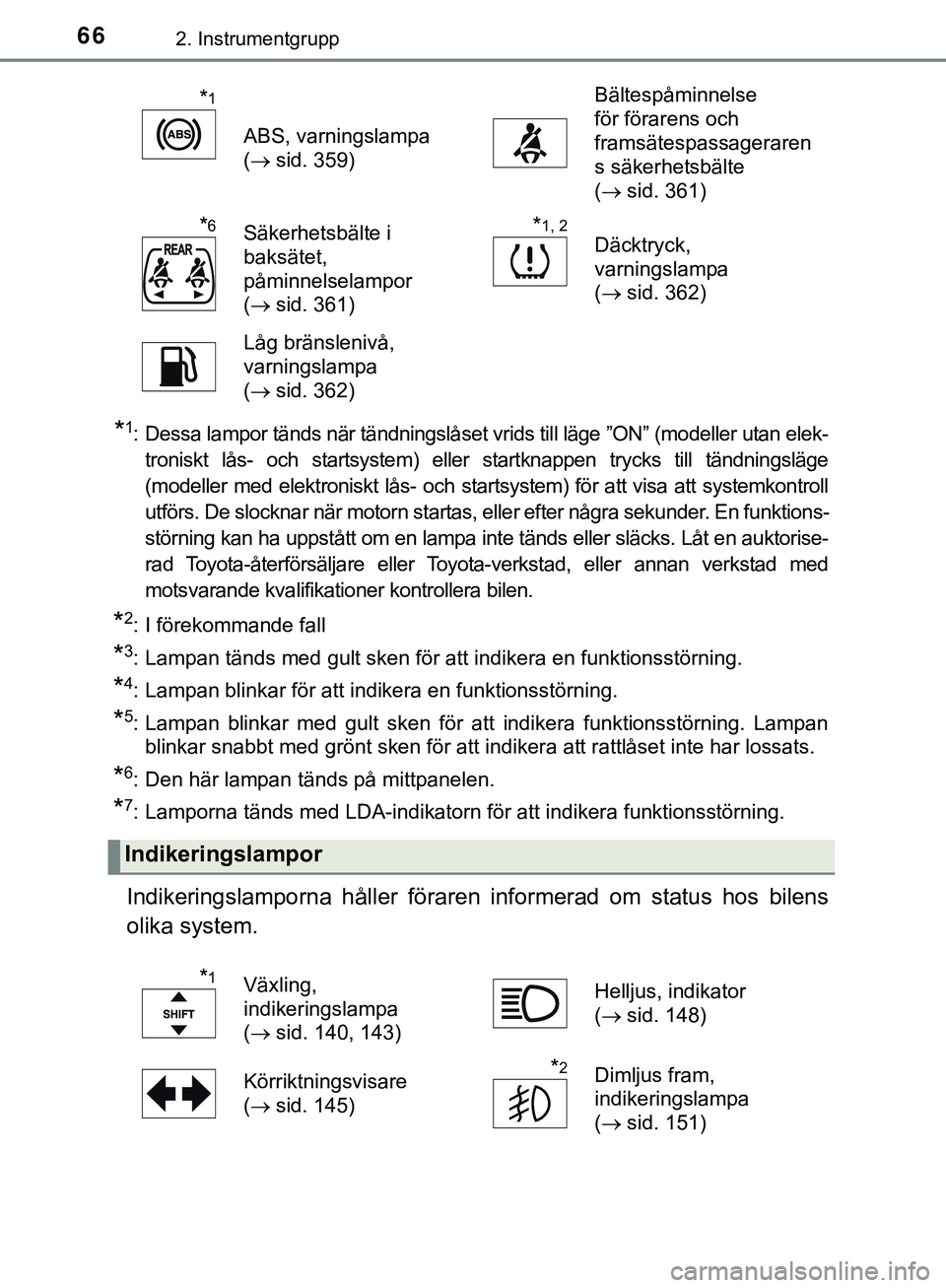 TOYOTA AYGO 2019 Bruksanvisningar (in Swedish) 662. Instrumentgrupp
AYGO_OM_Europe_OM99R19SE
*1: Dessa lampor tänds när tändningslåset vrids till läge ”ON” (modeller utan elek-troniskt lås- och startsystem) eller startknappen trycks till TOYOTA AYGO 2019 Bruksanvisningar (in Swedish) 662. Instrumentgrupp
AYGO_OM_Europe_OM99R19SE
*1: Dessa lampor tänds när tändningslåset vrids till läge ”ON” (modeller utan elek-troniskt lås- och startsystem) eller startknappen trycks till