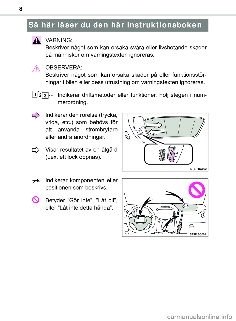 TOYOTA AYGO 2019  Bruksanvisningar (in Swedish) 8
AYGO_OM_Europe_OM99R19SE
Så här läser du den här instruktionsboken
VARNING: 
Beskriver något som kan orsaka svåra eller livshotande skador
på människor om varningstexten ignoreras.
OBSERVERA