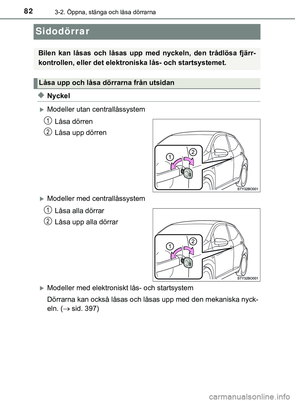 TOYOTA AYGO 2019 Bruksanvisningar (in Swedish) 823-2. Öppna, stänga och låsa dörrarna
AYGO_OM_Europe_OM99R19SE
Sidodörrar
uNyckel
Modeller utan centrallåssystemLåsa dörren
Låsa upp dörren
Modeller med centrallåssystemLåsa alla d TOYOTA AYGO 2019 Bruksanvisningar (in Swedish) 823-2. Öppna, stänga och låsa dörrarna
AYGO_OM_Europe_OM99R19SE
Sidodörrar
uNyckel
Modeller utan centrallåssystemLåsa dörren
Låsa upp dörren
Modeller med centrallåssystemLåsa alla d