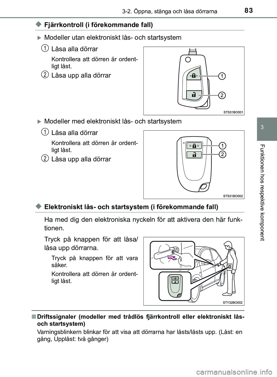 TOYOTA AYGO 2019 Bruksanvisningar (in Swedish) 833-2. Öppna, stänga och låsa dörrarna
3
Funktionen hos respektive komponent
AYGO_OM_Europe_OM99R19SE
uFjärrkontroll (i förekommande fall)
Modeller utan elektroniskt lås- och startsystemLås TOYOTA AYGO 2019 Bruksanvisningar (in Swedish) 833-2. Öppna, stänga och låsa dörrarna
3
Funktionen hos respektive komponent
AYGO_OM_Europe_OM99R19SE
uFjärrkontroll (i förekommande fall)
Modeller utan elektroniskt lås- och startsystemLås