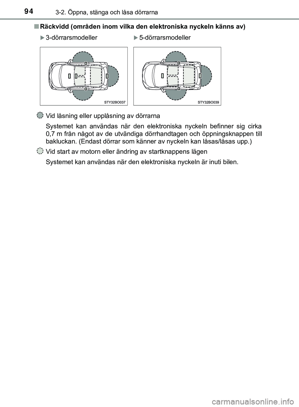 TOYOTA AYGO 2019 Bruksanvisningar (in Swedish) 943-2. Öppna, stänga och låsa dörrarna
AYGO_OM_Europe_OM99R19SEn
Räckvidd (områden inom vilka den elektroniska nyckeln känns av)
Vid låsning eller upplåsning av dörrarna
Systemet kan använd TOYOTA AYGO 2019 Bruksanvisningar (in Swedish) 943-2. Öppna, stänga och låsa dörrarna
AYGO_OM_Europe_OM99R19SEn
Räckvidd (områden inom vilka den elektroniska nyckeln känns av)
Vid låsning eller upplåsning av dörrarna
Systemet kan använd