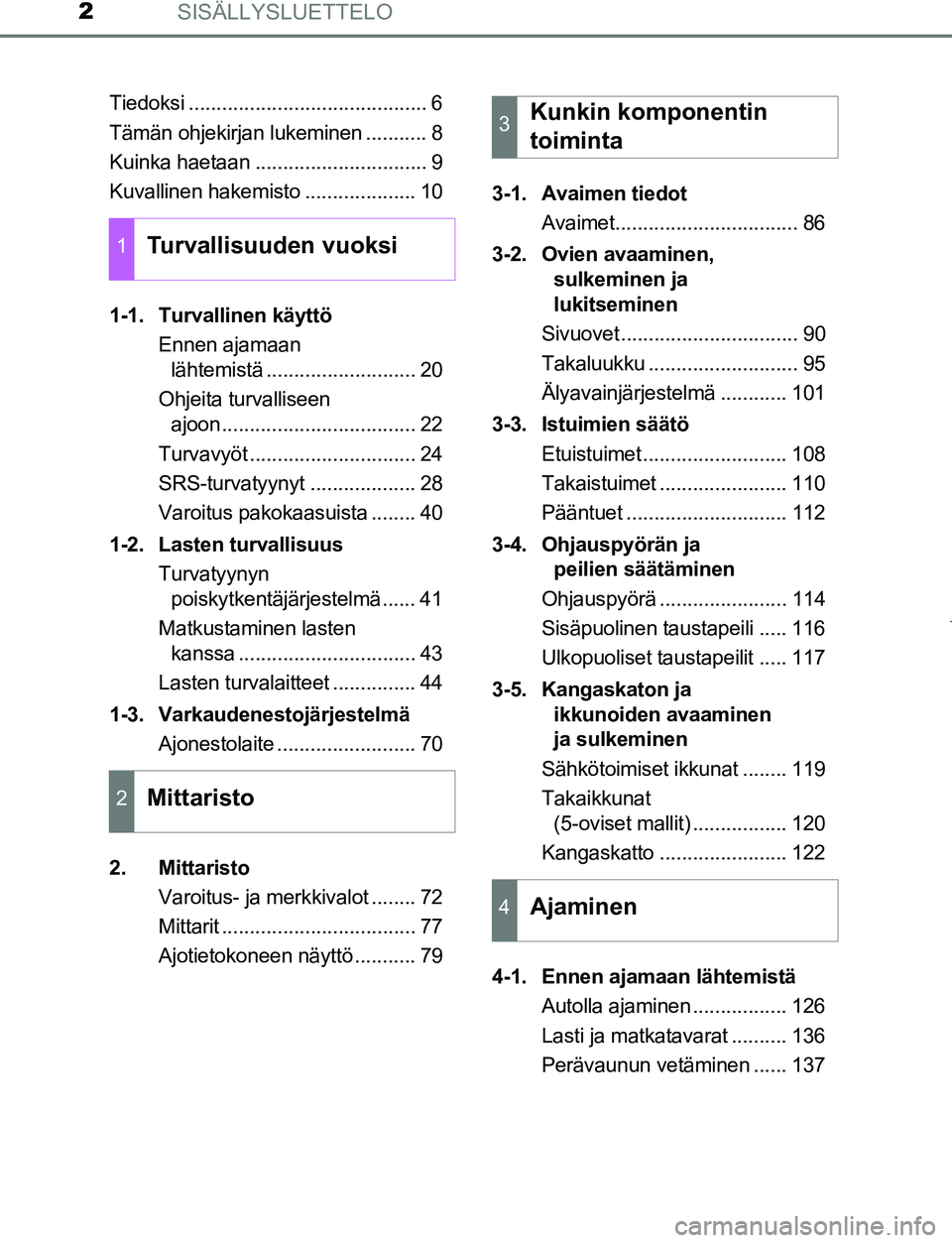 TOYOTA AYGO 2019 Omistajan Käsikirja (in Finnish) SISÄLLYSLUETTELO2
AYGO_OM_Europe_OM99R19FITiedoksi ........................................... 6
Tämän ohjekirjan lukeminen ........... 8
Kuinka haetaan ............................... 9
Kuvallinen TOYOTA AYGO 2019 Omistajan Käsikirja (in Finnish) SISÄLLYSLUETTELO2
AYGO_OM_Europe_OM99R19FITiedoksi ........................................... 6
Tämän ohjekirjan lukeminen ........... 8
Kuinka haetaan ............................... 9
Kuvallinen