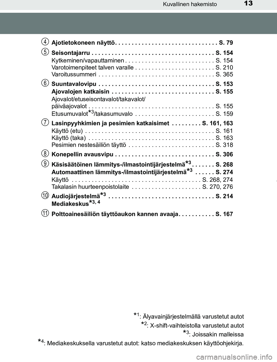 TOYOTA AYGO 2019  Omistajan Käsikirja (in Finnish) 13Kuvallinen hakemisto
AYGO_OM_Europe_OM99R19FIAjotietokoneen näyttö . . . . . . . . . . . . . . . . . . . . . . . . . . . . . . . S. 79
Seisontajarru . . . . . . . . . . . . . . . . . . . . . . . .