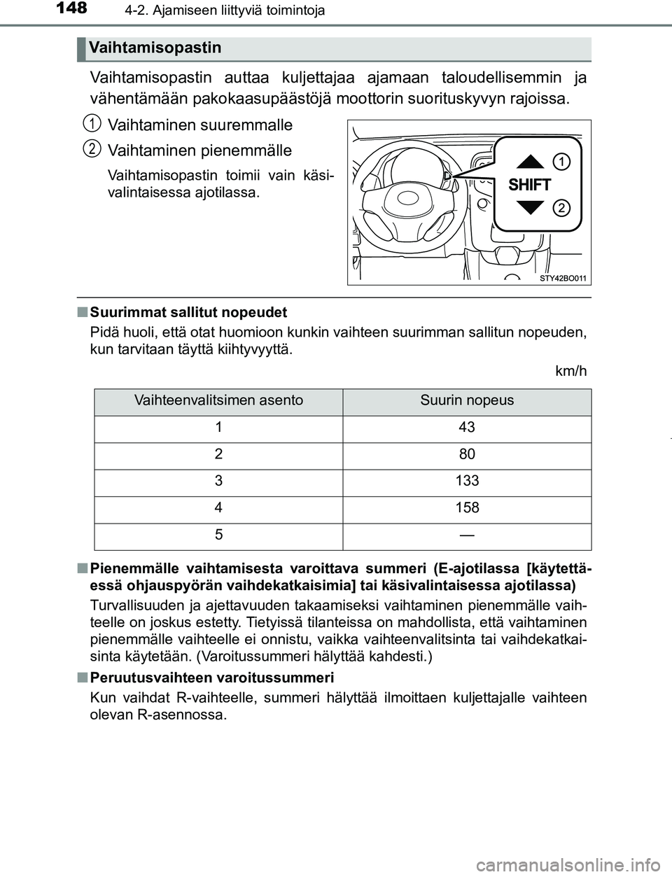 TOYOTA AYGO 2019 Omistajan Käsikirja (in Finnish) 1484-2. Ajamiseen liittyviä toimintoja
AYGO_OM_Europe_OM99R19FI
Vaihtamisopastin auttaa kuljettajaa ajamaan taloudellisemmin ja
vähentämään pakokaasupäästöjä mo ottorin suorituskyvyn rajoissa TOYOTA AYGO 2019 Omistajan Käsikirja (in Finnish) 1484-2. Ajamiseen liittyviä toimintoja
AYGO_OM_Europe_OM99R19FI
Vaihtamisopastin auttaa kuljettajaa ajamaan taloudellisemmin ja
vähentämään pakokaasupäästöjä mo ottorin suorituskyvyn rajoissa