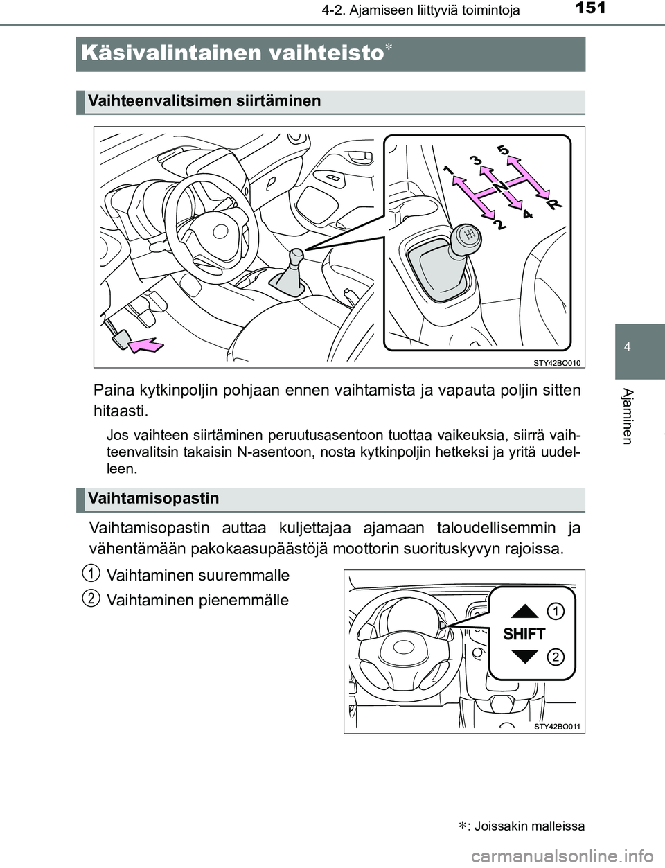 TOYOTA AYGO 2019 Omistajan Käsikirja (in Finnish) 151
4
4-2. Ajamiseen liittyviä toimintoja
Ajaminen
AYGO_OM_Europe_OM99R19FI
Käsivalintainen vaihteisto
Paina kytkinpoljin pohjaan ennen vaihtamista ja vapauta poljin sitten
hitaasti.
Jos vaihteen TOYOTA AYGO 2019 Omistajan Käsikirja (in Finnish) 151
4
4-2. Ajamiseen liittyviä toimintoja
Ajaminen
AYGO_OM_Europe_OM99R19FI
Käsivalintainen vaihteisto
Paina kytkinpoljin pohjaan ennen vaihtamista ja vapauta poljin sitten
hitaasti.
Jos vaihteen