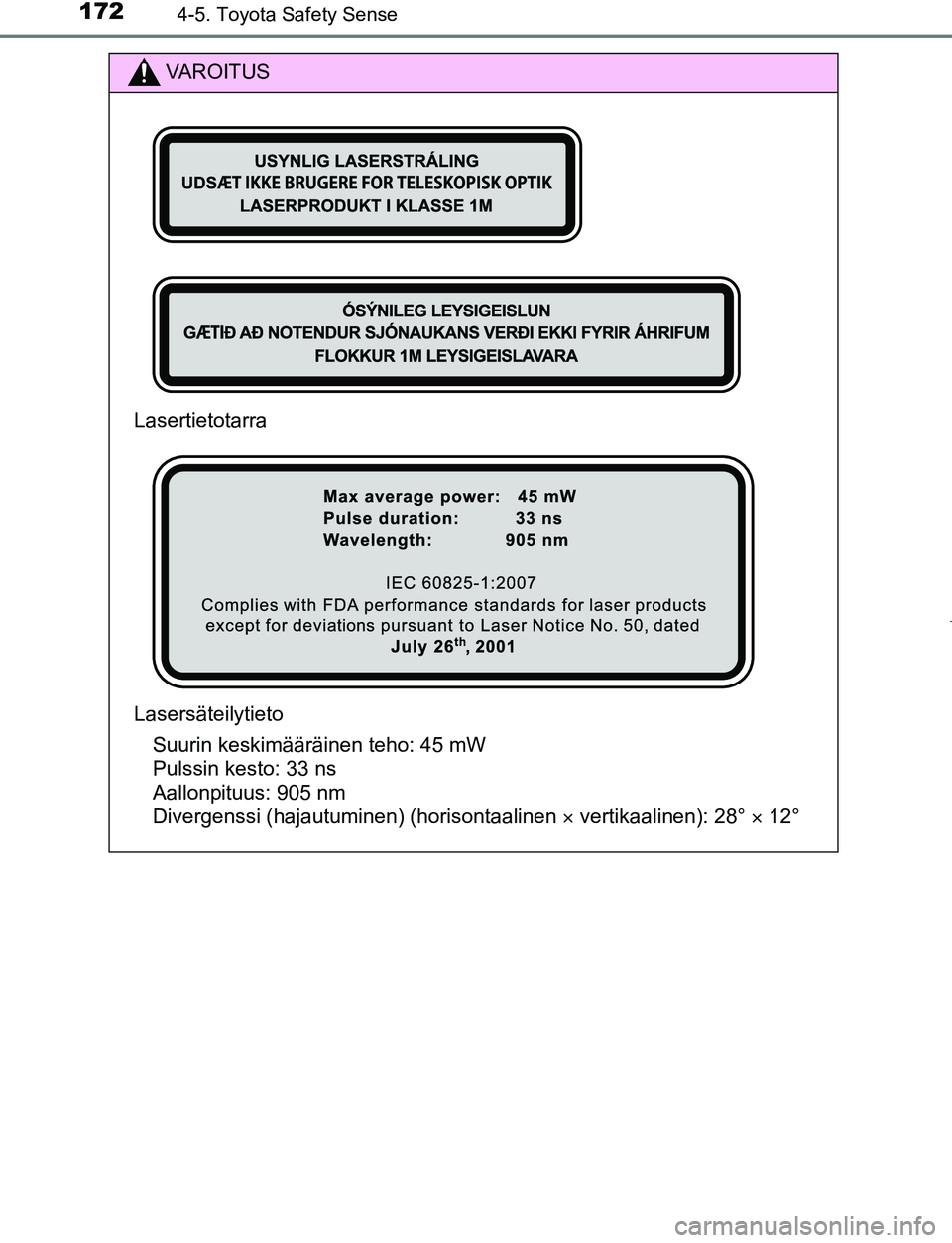 TOYOTA AYGO 2019 Omistajan Käsikirja (in Finnish) 1724-5. Toyota Safety Sense
AYGO_OM_Europe_OM99R19FI
VAROITUS
Lasertietotarra
LasersäteilytietoSuurin keskimääräinen teho: 45 mW
Pulssin kesto: 33 ns
Aallonpituus: 905 nm
Divergenssi (hajautumi TOYOTA AYGO 2019 Omistajan Käsikirja (in Finnish) 1724-5. Toyota Safety Sense
AYGO_OM_Europe_OM99R19FI
VAROITUS
Lasertietotarra
LasersäteilytietoSuurin keskimääräinen teho: 45 mW
Pulssin kesto: 33 ns
Aallonpituus: 905 nm
Divergenssi (hajautumi