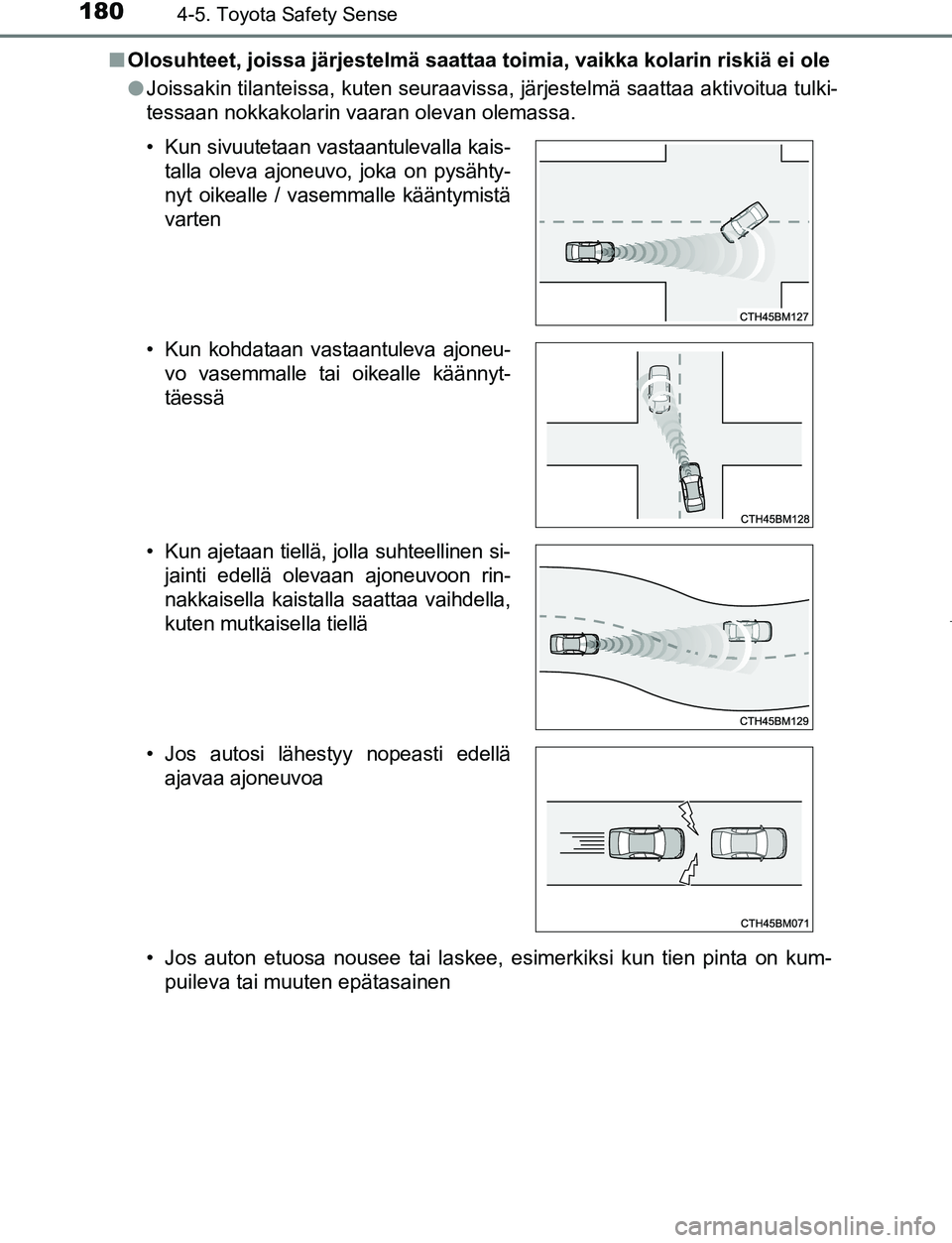 TOYOTA AYGO 2019 Omistajan Käsikirja (in Finnish) 1804-5. Toyota Safety Sense
AYGO_OM_Europe_OM99R19FIn
Olosuhteet, joissa järjestelmä saattaa toimia, vaikka kolarin riskiä ei ole
lJoissakin tilanteissa, kuten seuraavissa, järjestelmä saattaa ak TOYOTA AYGO 2019 Omistajan Käsikirja (in Finnish) 1804-5. Toyota Safety Sense
AYGO_OM_Europe_OM99R19FIn
Olosuhteet, joissa järjestelmä saattaa toimia, vaikka kolarin riskiä ei ole
lJoissakin tilanteissa, kuten seuraavissa, järjestelmä saattaa ak