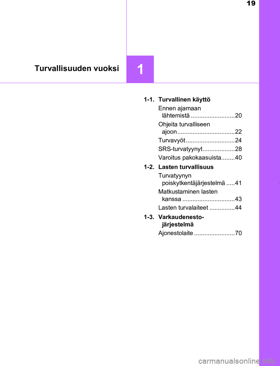 TOYOTA AYGO 2019  Omistajan Käsikirja (in Finnish) 19
1Turvallisuuden vuoksi
AYGO_OM_Europe_OM99R19FI1-1. Turvallinen käyttö
Ennen ajamaan lähtemistä .......................... 20
Ohjeita turvalliseen  ajoon .................................. 22
T