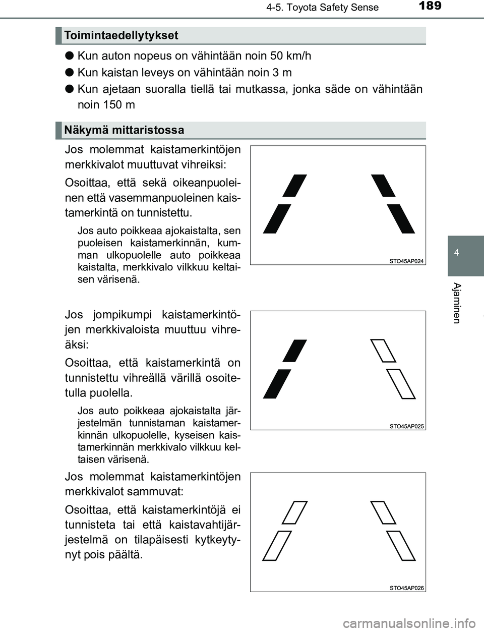 TOYOTA AYGO 2019 Omistajan Käsikirja (in Finnish) 1894-5. Toyota Safety Sense
4
Ajaminen
AYGO_OM_Europe_OM99R19FI
lKun auton nopeus on vähintään noin 50 km/h
l Kun kaistan leveys on vähintään noin 3 m
l Kun ajetaan suoralla tiellä tai mutkassa TOYOTA AYGO 2019 Omistajan Käsikirja (in Finnish) 1894-5. Toyota Safety Sense
4
Ajaminen
AYGO_OM_Europe_OM99R19FI
lKun auton nopeus on vähintään noin 50 km/h
l Kun kaistan leveys on vähintään noin 3 m
l Kun ajetaan suoralla tiellä tai mutkassa