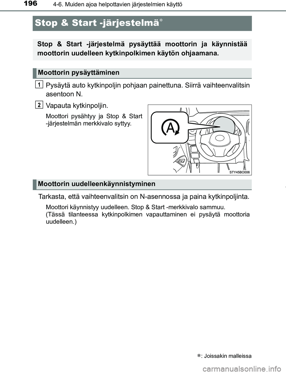 TOYOTA AYGO 2019 Omistajan Käsikirja (in Finnish) 1964-6. Muiden ajoa helpottavien järjestelmien käyttö
AYGO_OM_Europe_OM99R19FI
Stop & Start -järjestelmä
Pysäytä auto kytkinpoljin pohjaan painettuna. Siirrä vaihteenvalitsin
asentoon N.
Va TOYOTA AYGO 2019 Omistajan Käsikirja (in Finnish) 1964-6. Muiden ajoa helpottavien järjestelmien käyttö
AYGO_OM_Europe_OM99R19FI
Stop & Start -järjestelmä
Pysäytä auto kytkinpoljin pohjaan painettuna. Siirrä vaihteenvalitsin
asentoon N.
Va