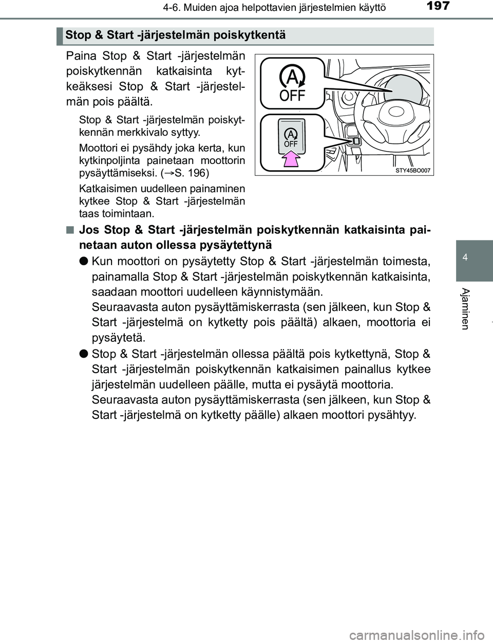 TOYOTA AYGO 2019 Omistajan Käsikirja (in Finnish) 1974-6. Muiden ajoa helpottavien järjestelmien käyttö
4
Ajaminen
AYGO_OM_Europe_OM99R19FI
Paina Stop & Start -järjestelmän
poiskytkennän katkaisinta kyt-
keäksesi Stop & Start -järjestel-
män TOYOTA AYGO 2019 Omistajan Käsikirja (in Finnish) 1974-6. Muiden ajoa helpottavien järjestelmien käyttö
4
Ajaminen
AYGO_OM_Europe_OM99R19FI
Paina Stop & Start -järjestelmän
poiskytkennän katkaisinta kyt-
keäksesi Stop & Start -järjestel-
män