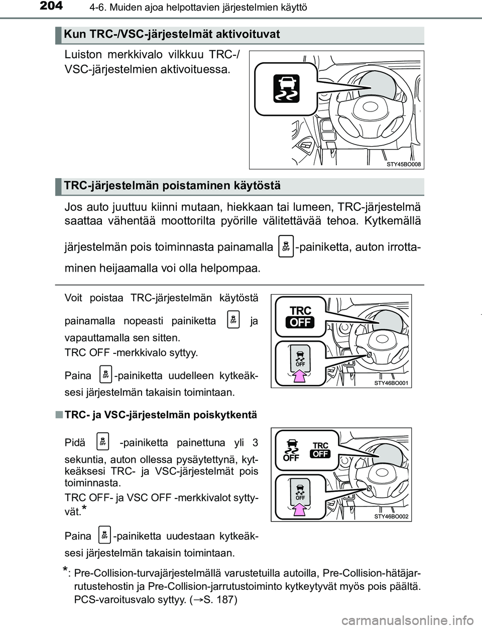 TOYOTA AYGO 2019 Omistajan Käsikirja (in Finnish) 2044-6. Muiden ajoa helpottavien järjestelmien käyttö
AYGO_OM_Europe_OM99R19FI
Luiston merkkivalo vilkkuu TRC-/
VSC-järjestelmien aktivoituessa.
Jos auto juuttuu kiinni mutaan, hiekkaan tai lumeen TOYOTA AYGO 2019 Omistajan Käsikirja (in Finnish) 2044-6. Muiden ajoa helpottavien järjestelmien käyttö
AYGO_OM_Europe_OM99R19FI
Luiston merkkivalo vilkkuu TRC-/
VSC-järjestelmien aktivoituessa.
Jos auto juuttuu kiinni mutaan, hiekkaan tai lumeen