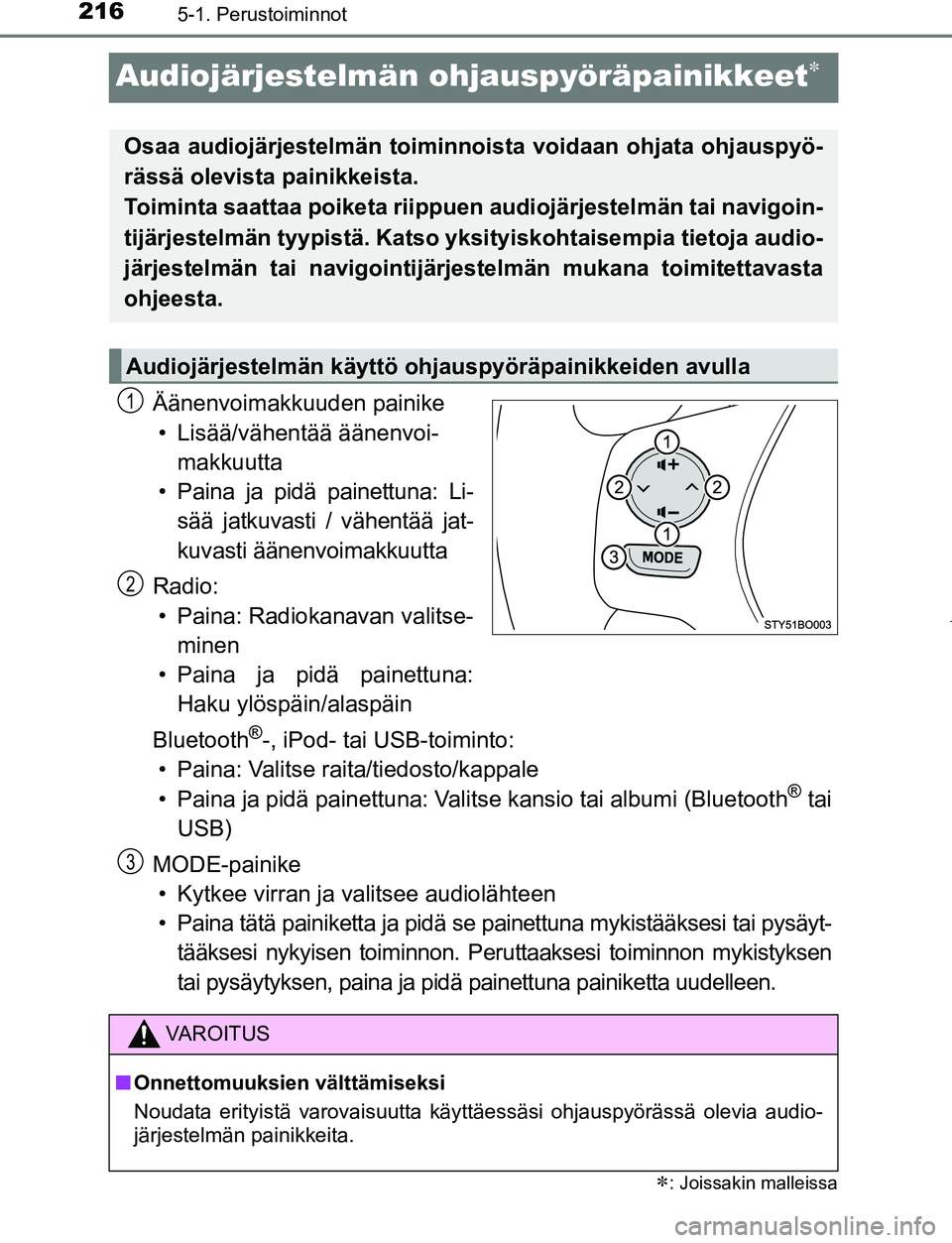 TOYOTA AYGO 2019 Omistajan Käsikirja (in Finnish) 2165-1. Perustoiminnot
AYGO_OM_Europe_OM99R19FI
Audiojärjestelmän ohjauspyöräpainikkeet
Äänenvoimakkuuden painike
• Lisää/vähentää äänenvoi- makkuutta
• Paina ja pidä painettuna: TOYOTA AYGO 2019 Omistajan Käsikirja (in Finnish) 2165-1. Perustoiminnot
AYGO_OM_Europe_OM99R19FI
Audiojärjestelmän ohjauspyöräpainikkeet
Äänenvoimakkuuden painike
• Lisää/vähentää äänenvoi- makkuutta
• Paina ja pidä painettuna: